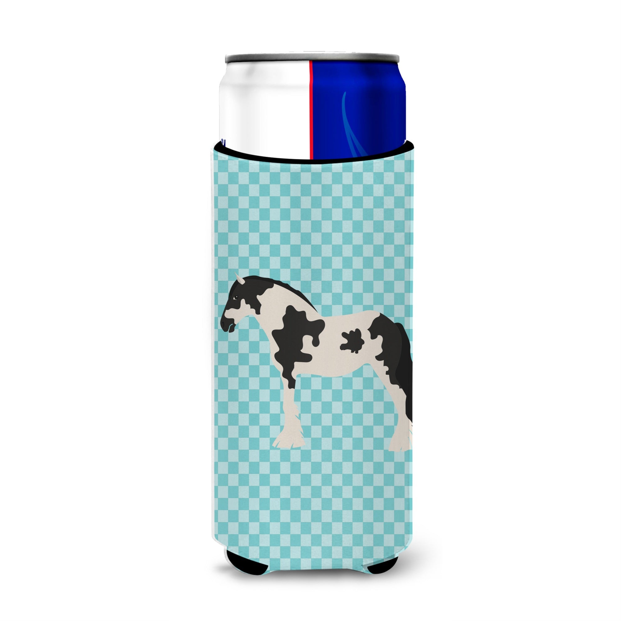 Caroline'S Treasures Cyldesdale Horse Blue Check Decorative Can Hugger, Slim, Multicolor