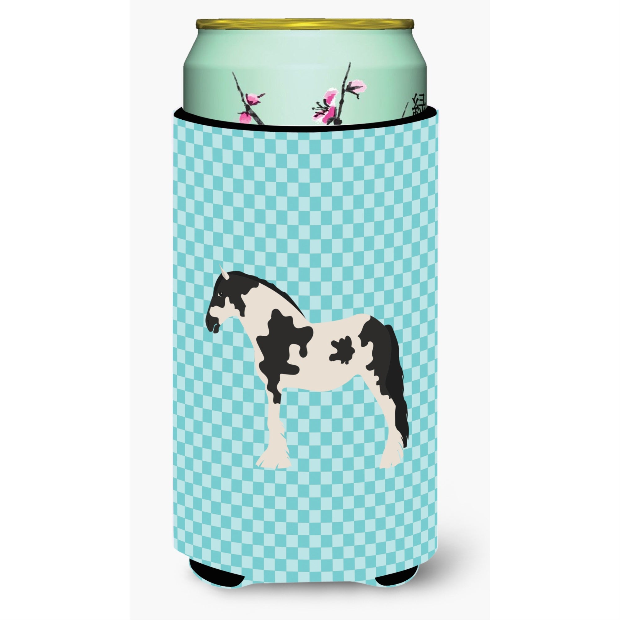 Caroline'S Treasures Cyldesdale Horse Blue Check Decorative Can Hugger, Tall Boy, Multicolor