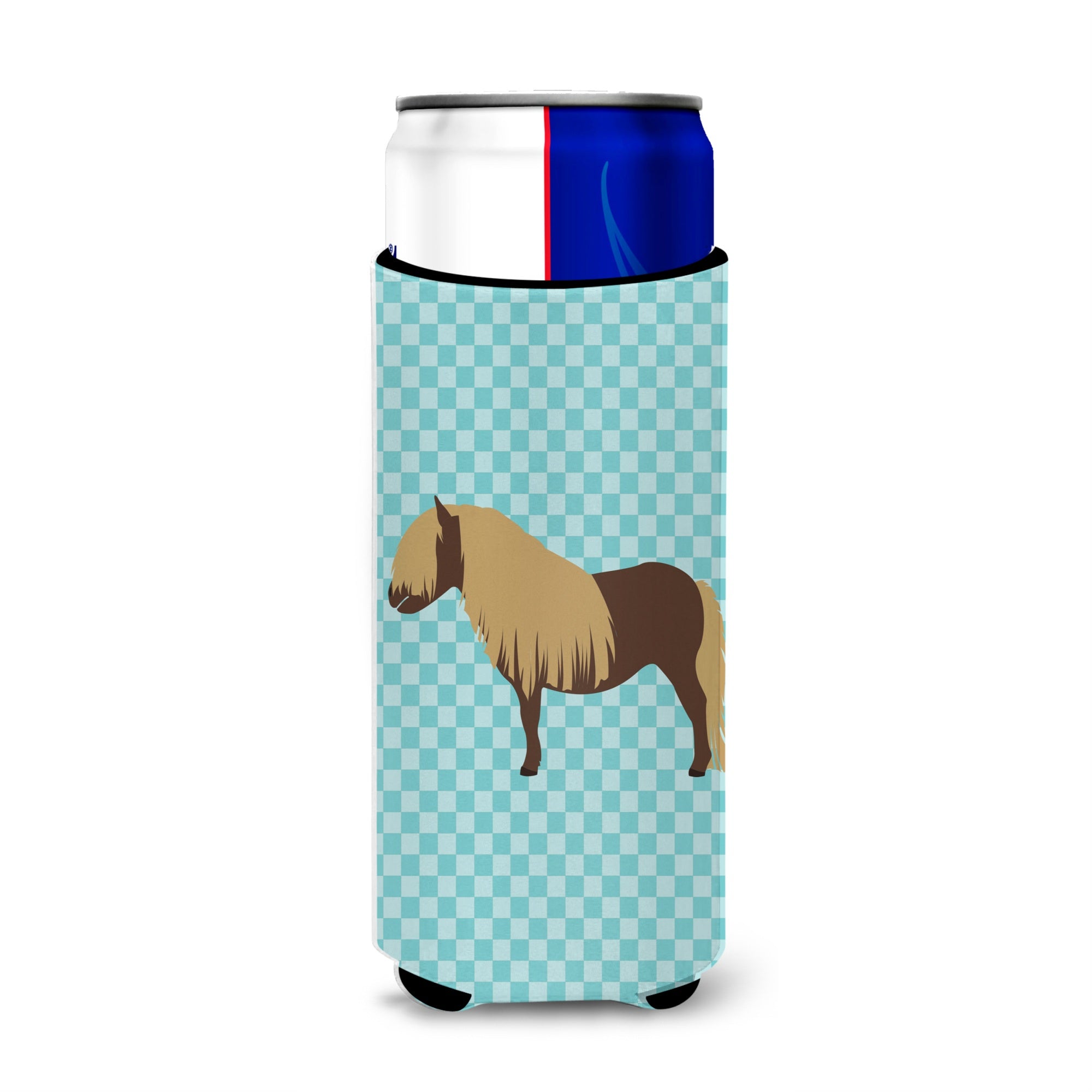 Caroline'S Treasures Shetland Pony Horse Blue Check Decorative Can Hugger, Slim, Multicolor