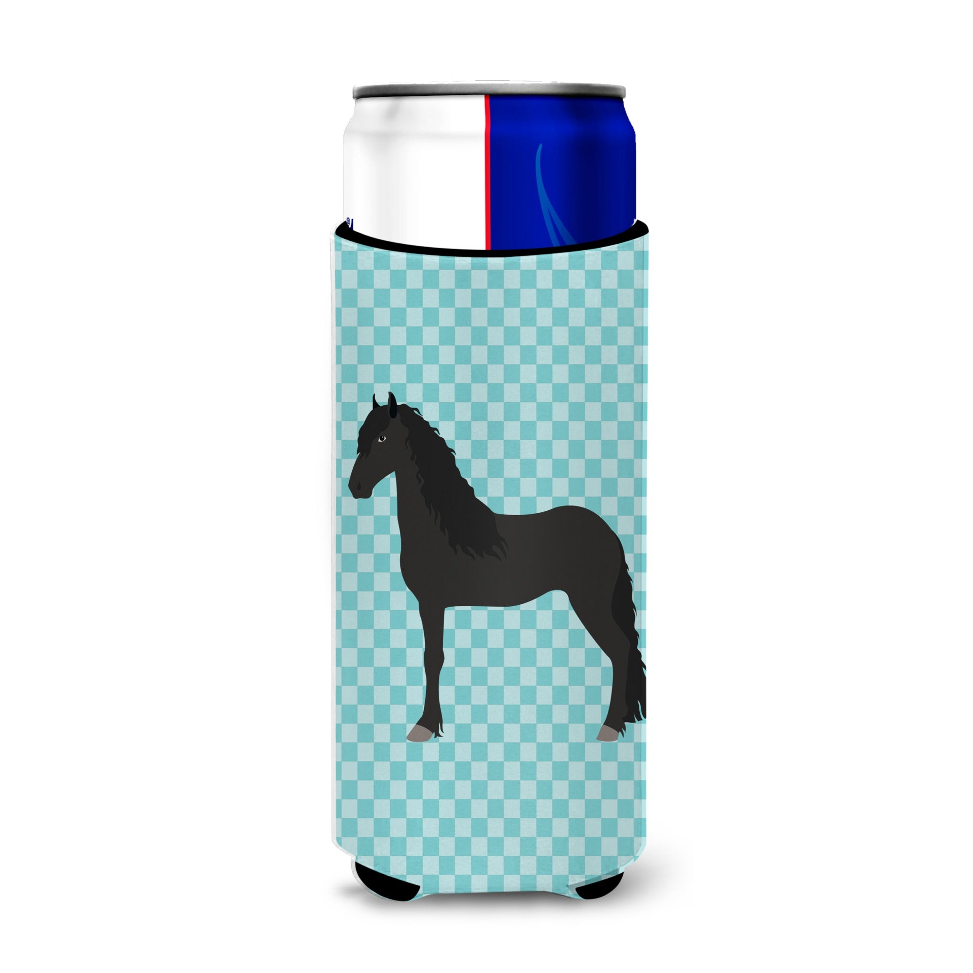 Caroline'S Treasures Friesian Horse Blue Check Decorative Can Hugger, Slim, Multicolor