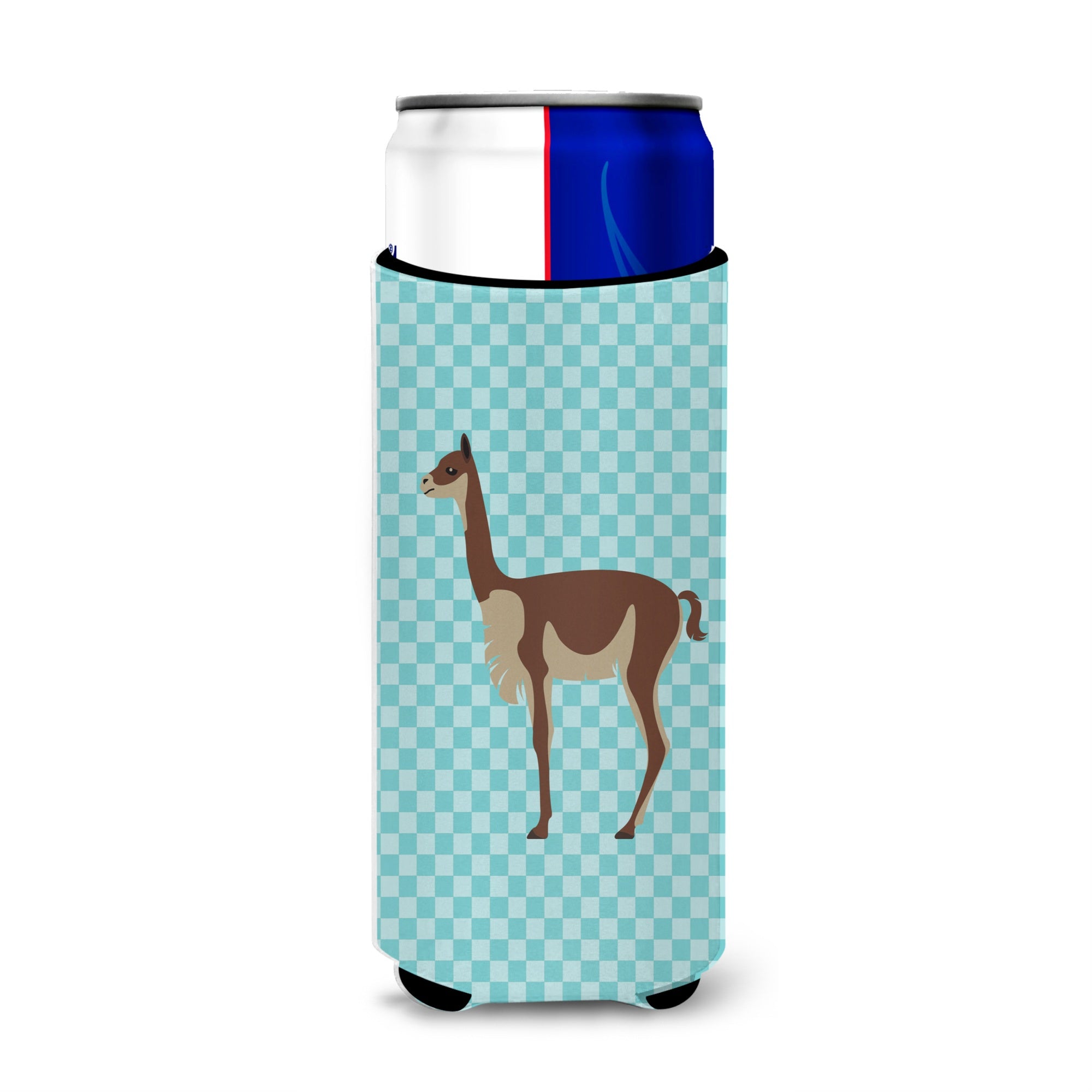 Caroline'S Treasures Vicugna Or Vicuna Blue Check Decorative Can Hugger, Slim, Multicolor