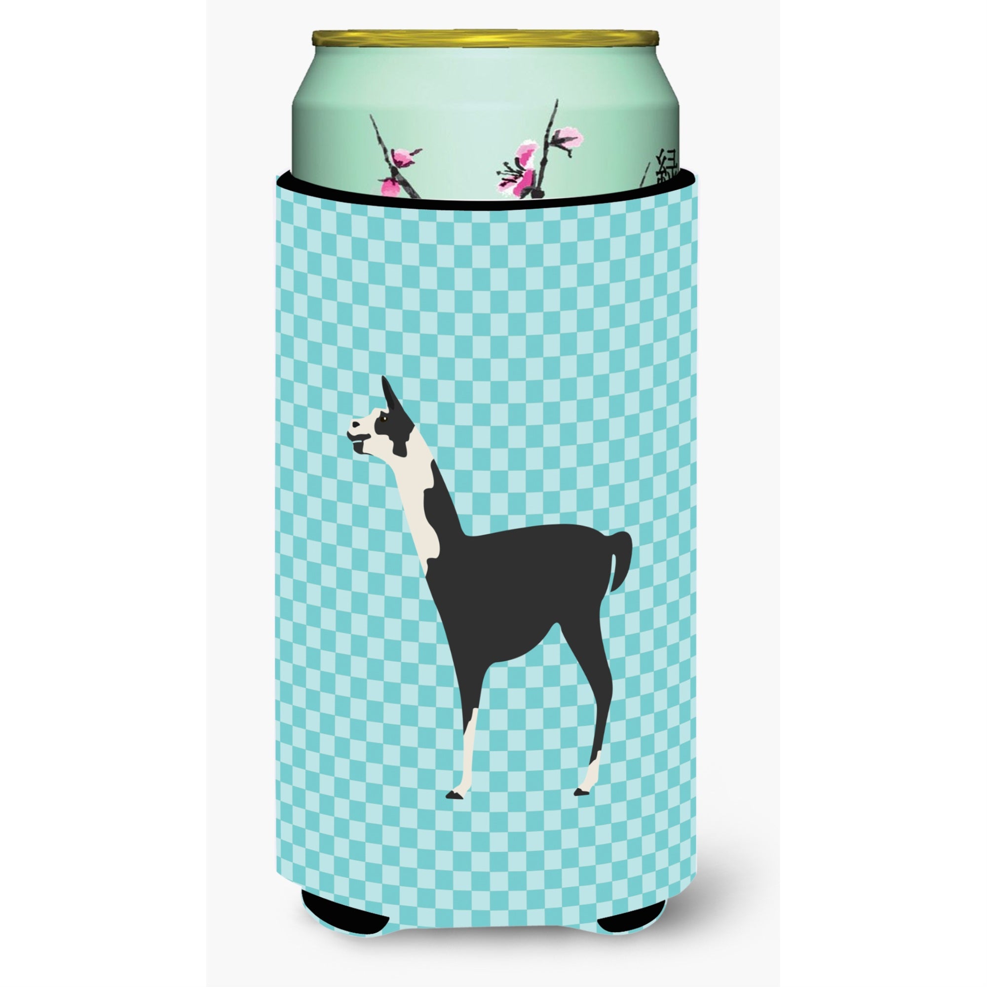 Caroline'S Treasures Llama Q' Ara Blue Check Decorative Can Hugger, Tall Boy, Multicolor