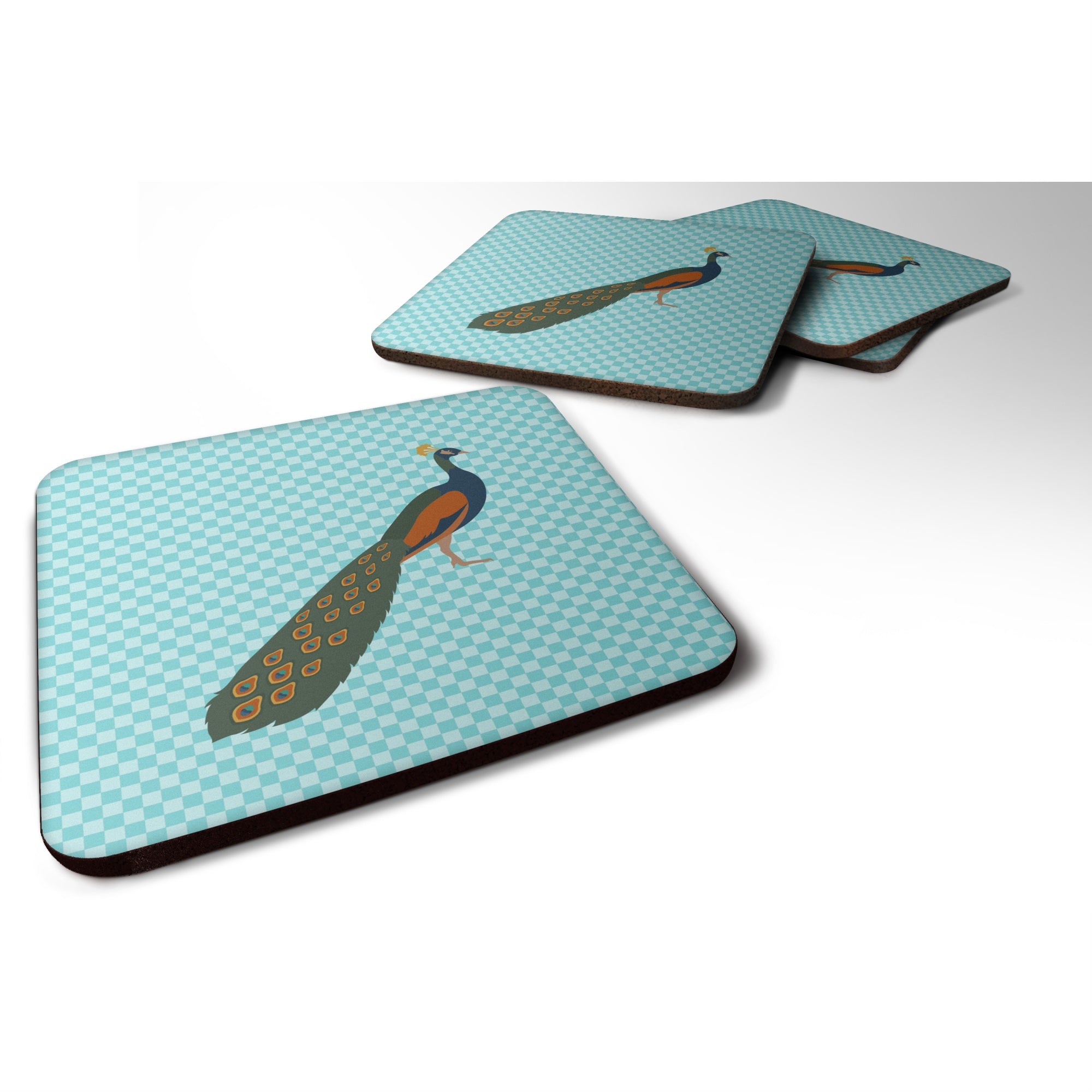 Caroline'S Treasures Indian Peacock Peafowl Blue Check Decorative Coasters, 3.5, Multicolor