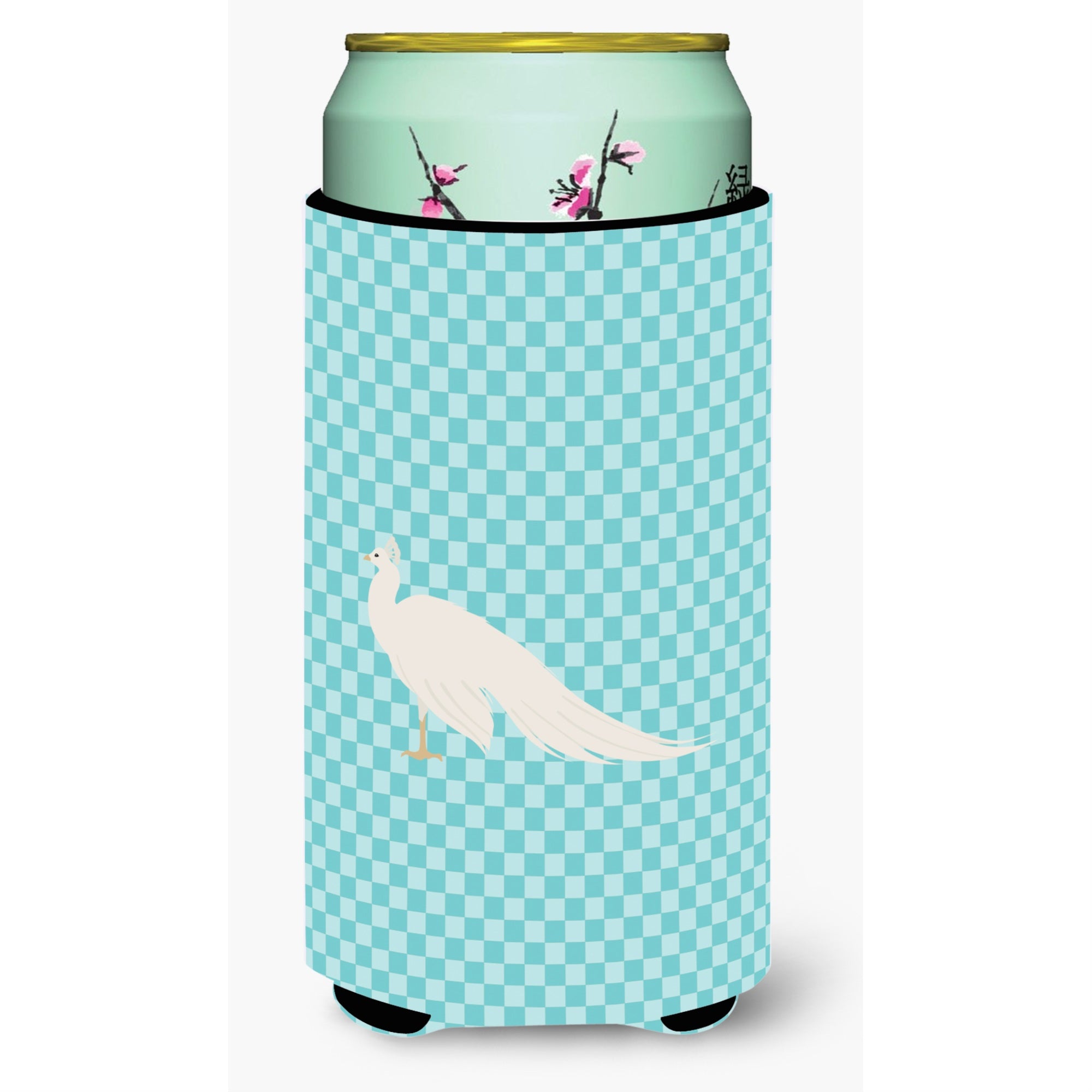 Caroline'S Treasures White Peacock Peafowl Blue Check Decorative Can Hugger, Tall Boy, Multicolor