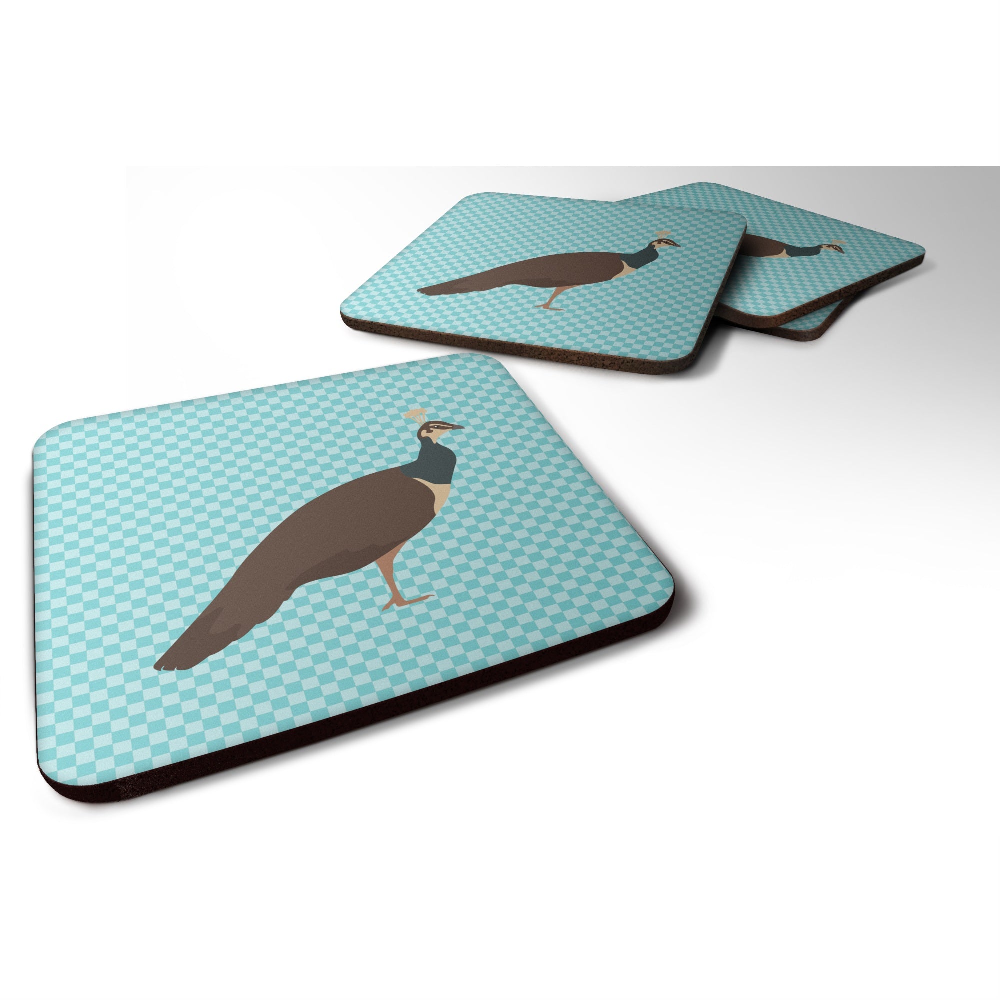 Caroline'S Treasures Indian Peahen Peafowl Blue Check Decorative Coasters, 3.5, Multicolor
