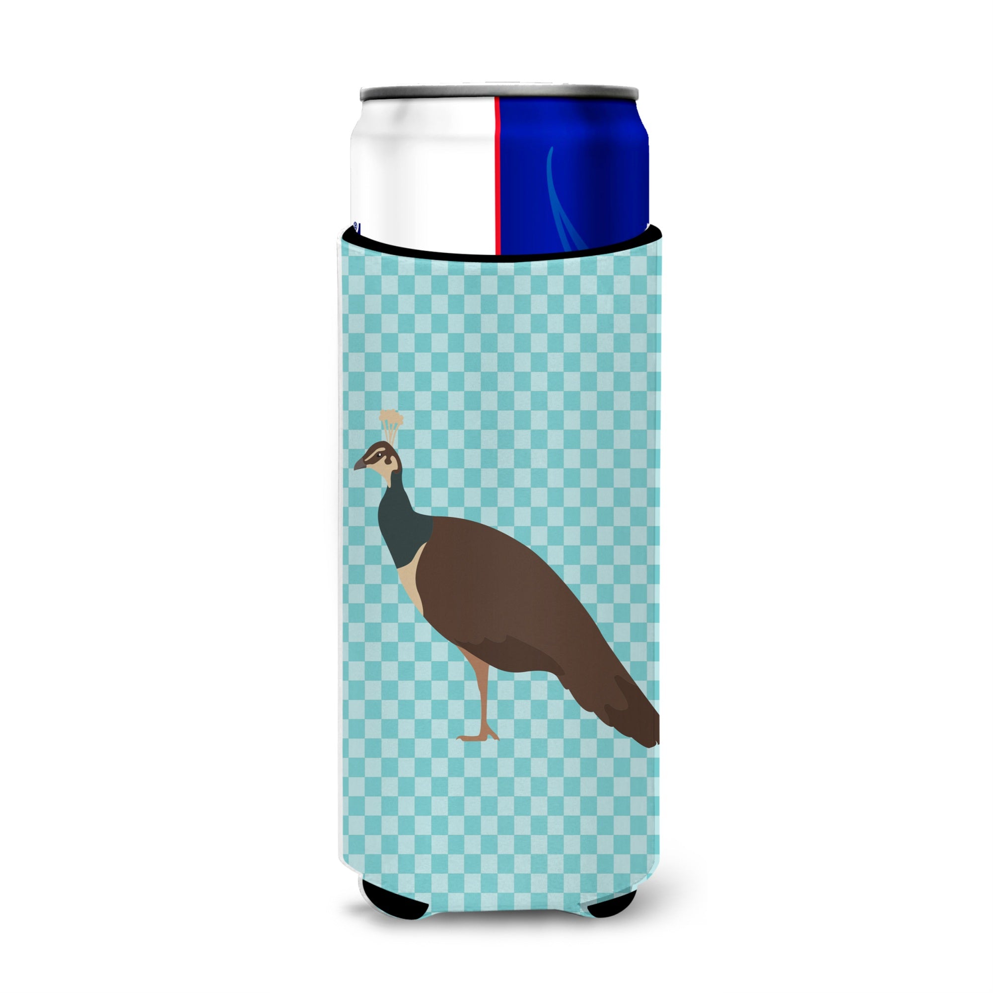 Caroline'S Treasures Indian Peahen Peafowl Blue Check Decorative Can Hugger, Slim, Multicolor