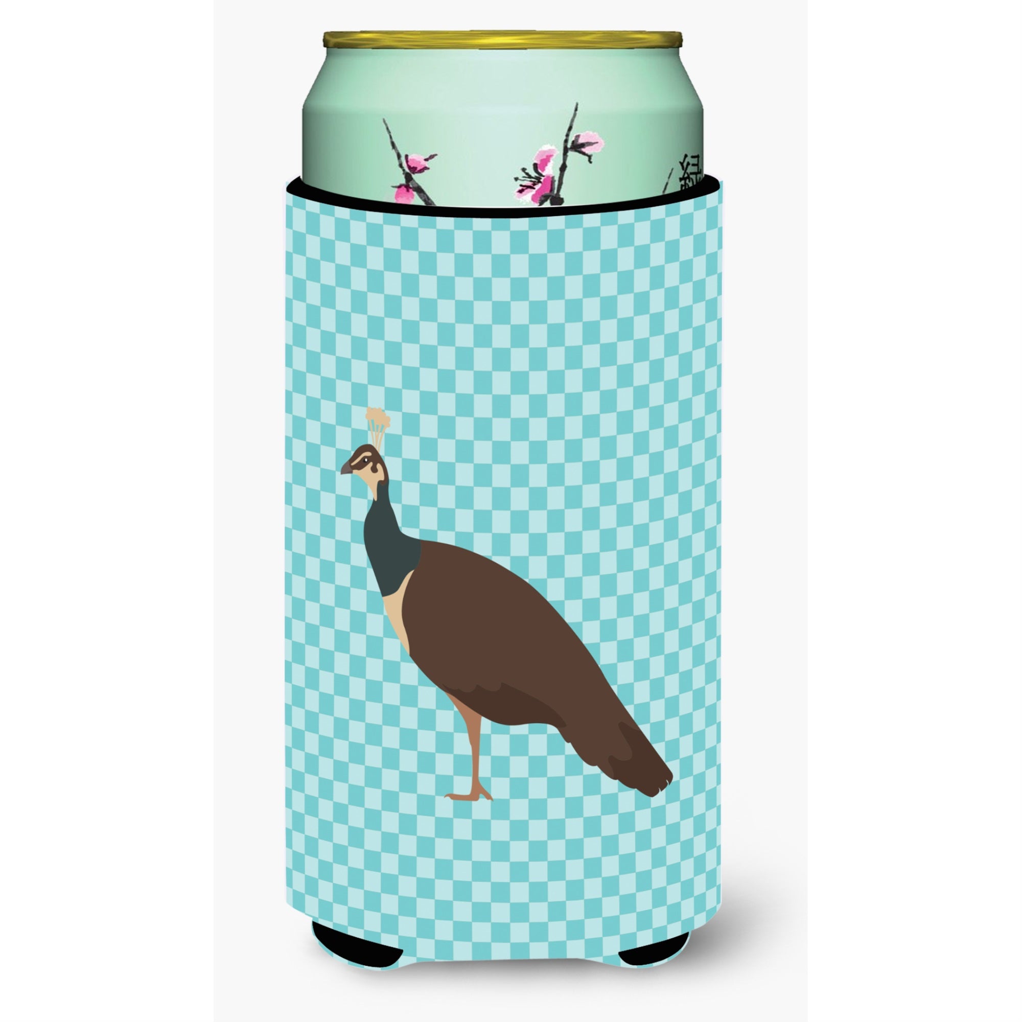 Caroline'S Treasures Indian Peahen Peafowl Blue Check Decorative Can Hugger, Tall Boy, Multicolor