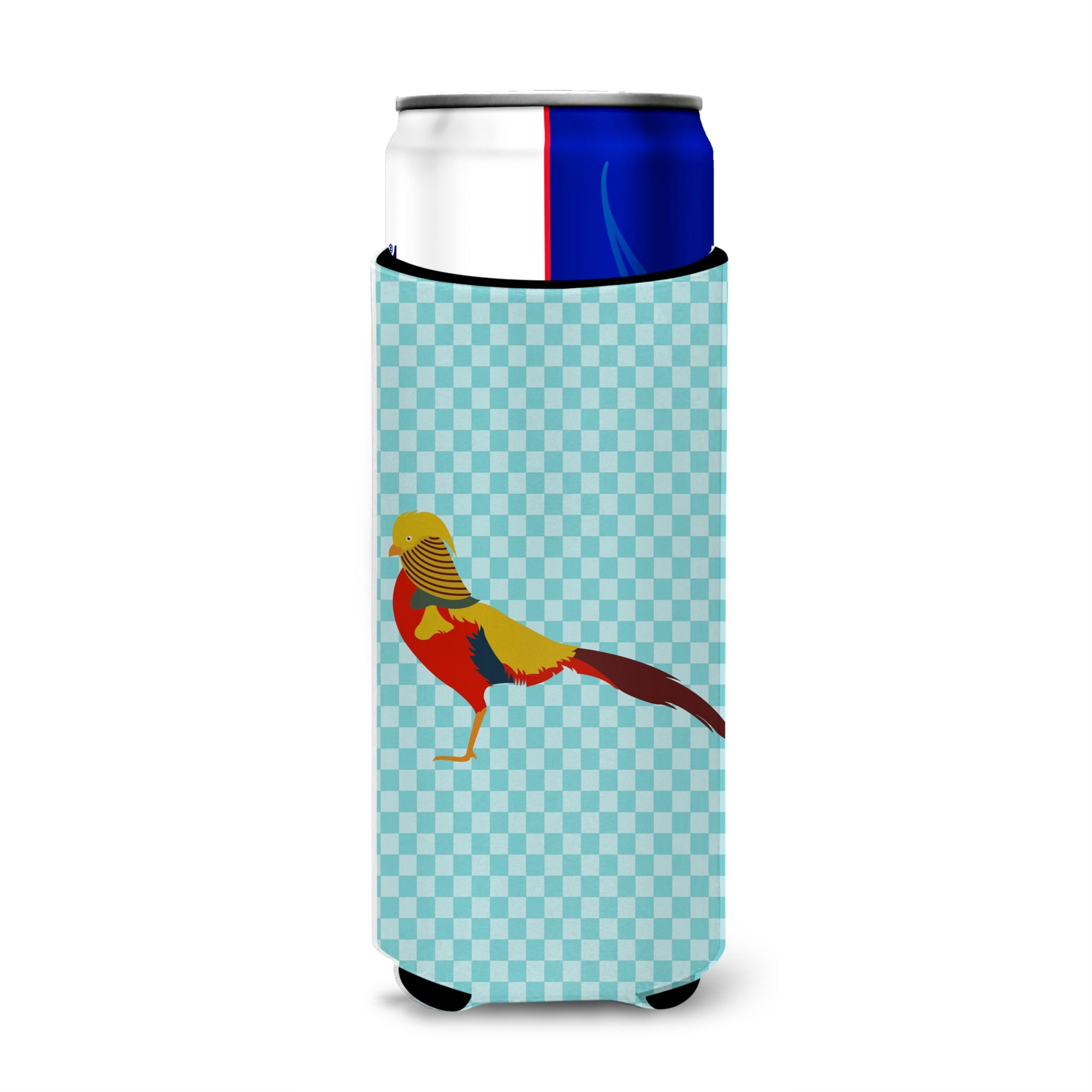 Caroline'S Treasures Golden Or Chinese Pheasant Blue Check Decorative Can Hugger, Slim, Multicolor