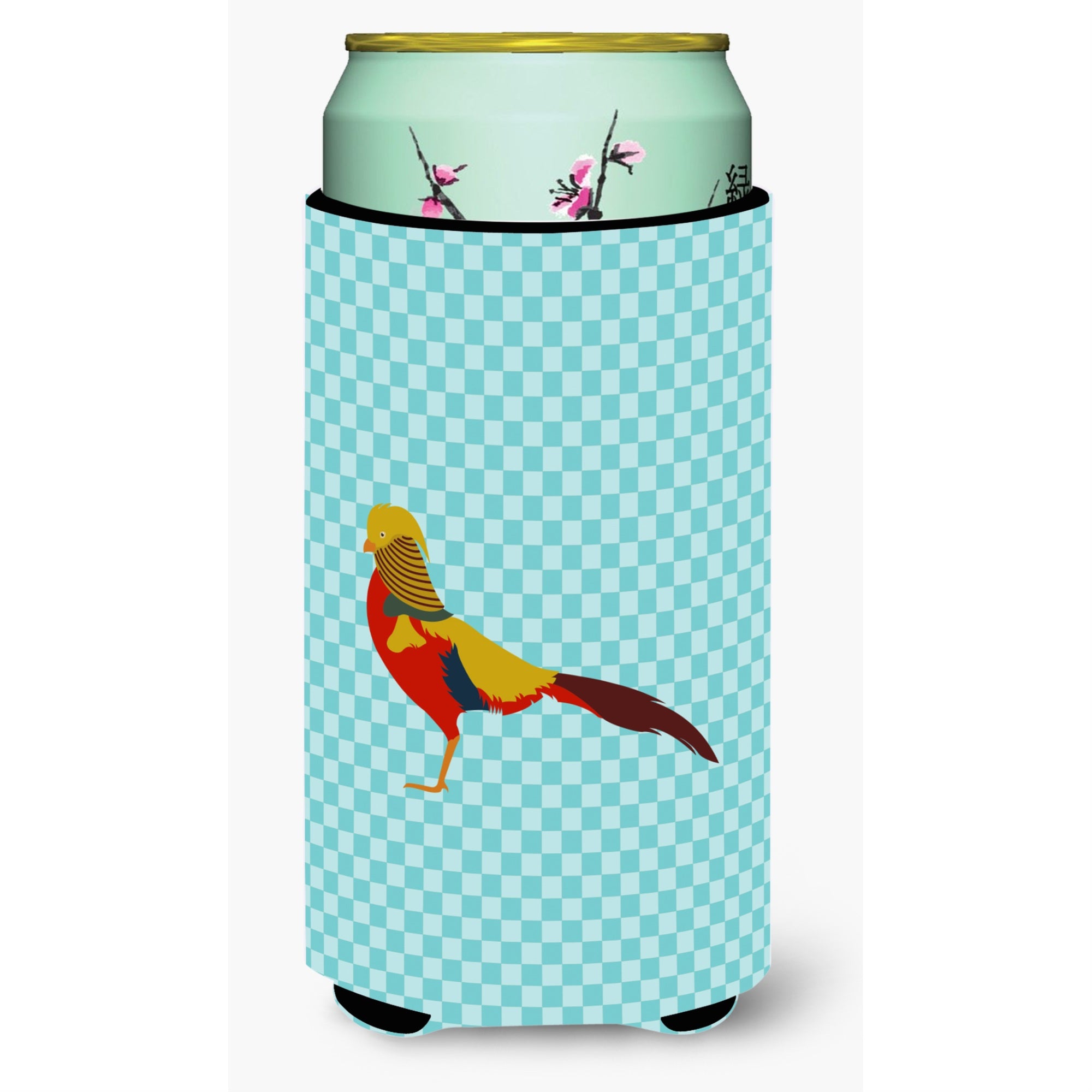Caroline'S Treasures Golden Or Chinese Pheasant Blue Check Decorative Can Hugger, Tall Boy, Multicolor