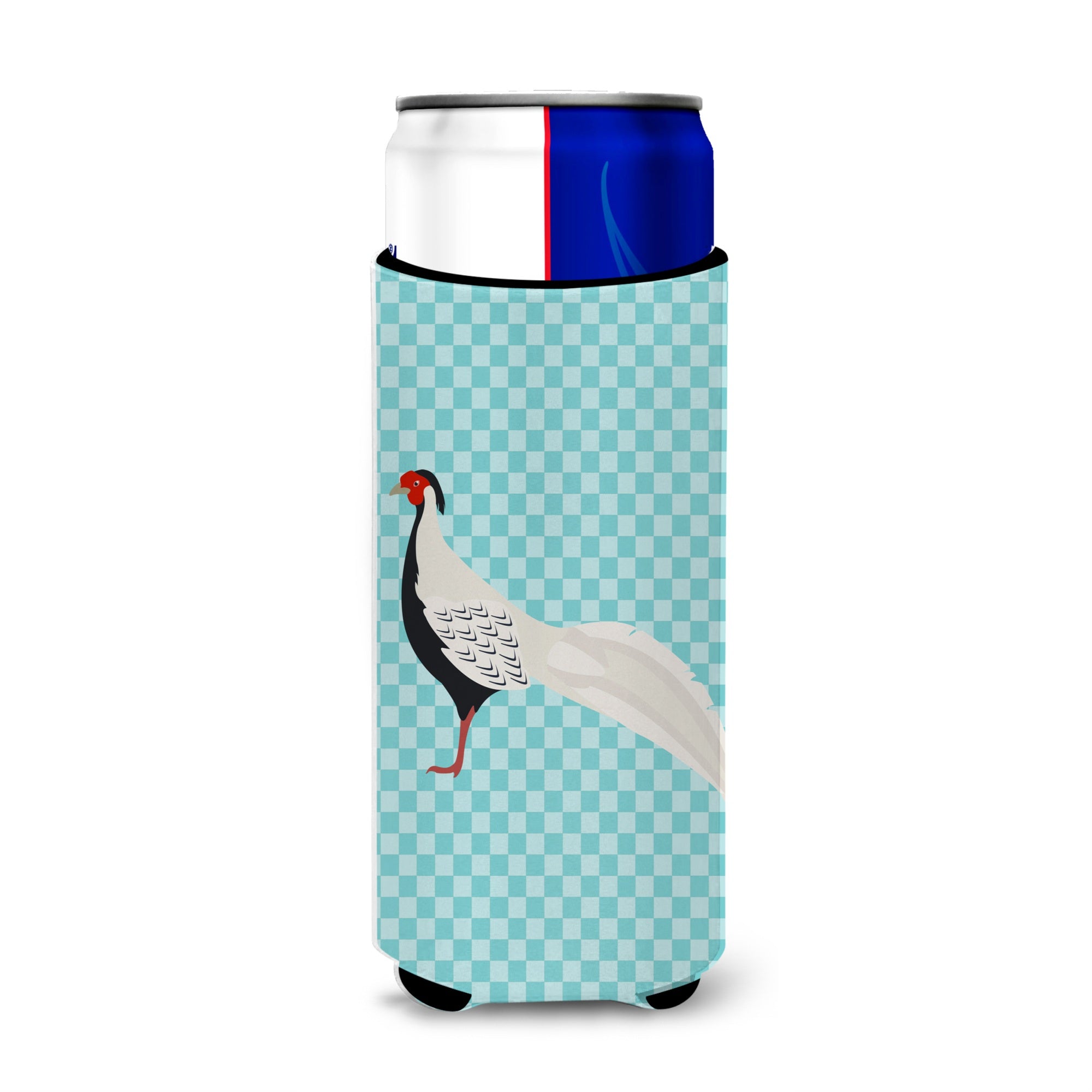 Caroline'S Treasures Silver Pheasant Blue Check Decorative Can Hugger, Slim, Multicolor