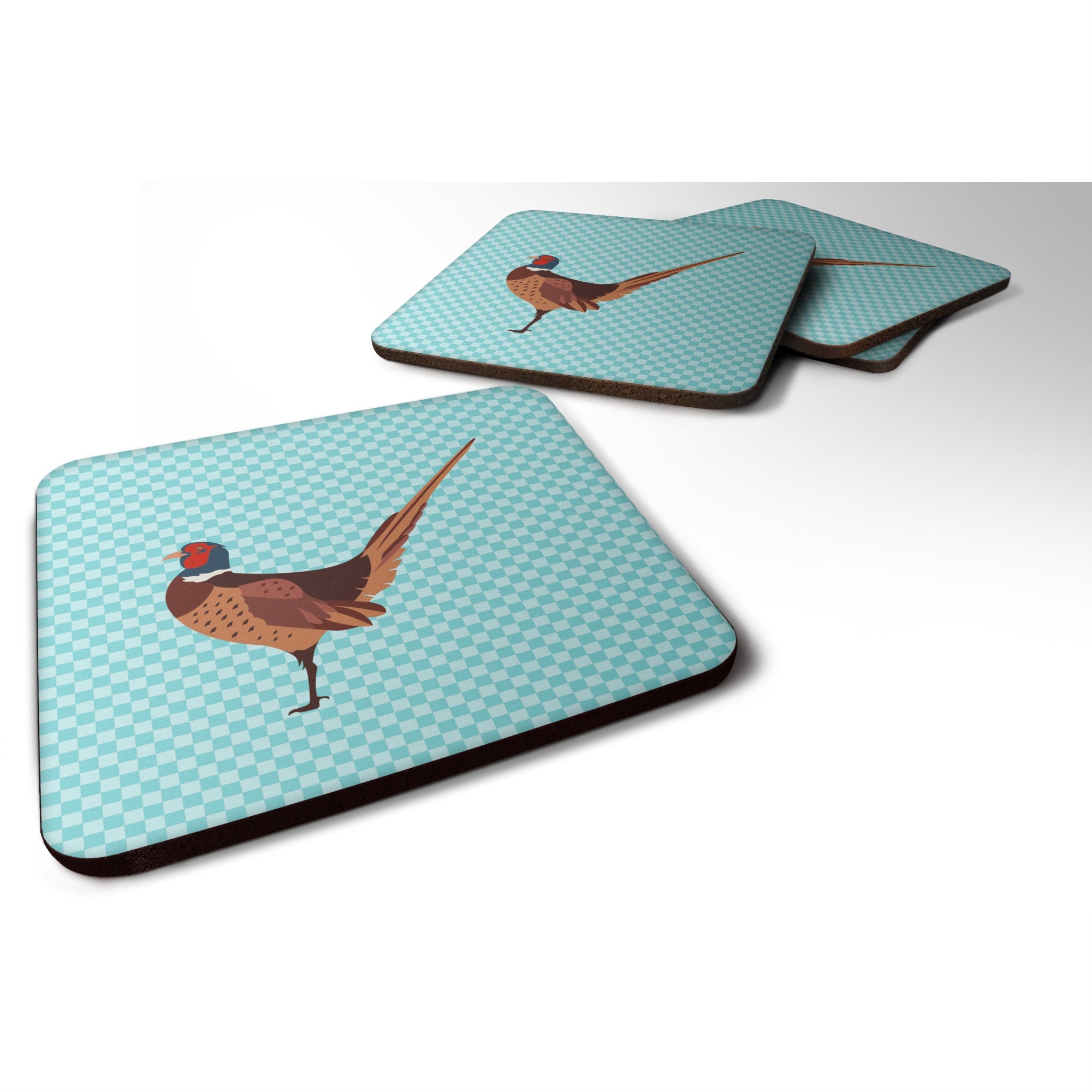 Caroline'S Treasures Ring-Necked Common Pheasant Blue Check Decorative Coasters, 3.5, Multicolor