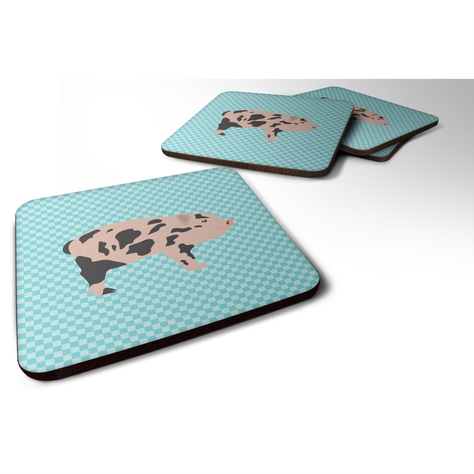 Caroline'S Treasures Mini Miniature Pig Blue Check Decorative Coasters, 3.5, Multicolor