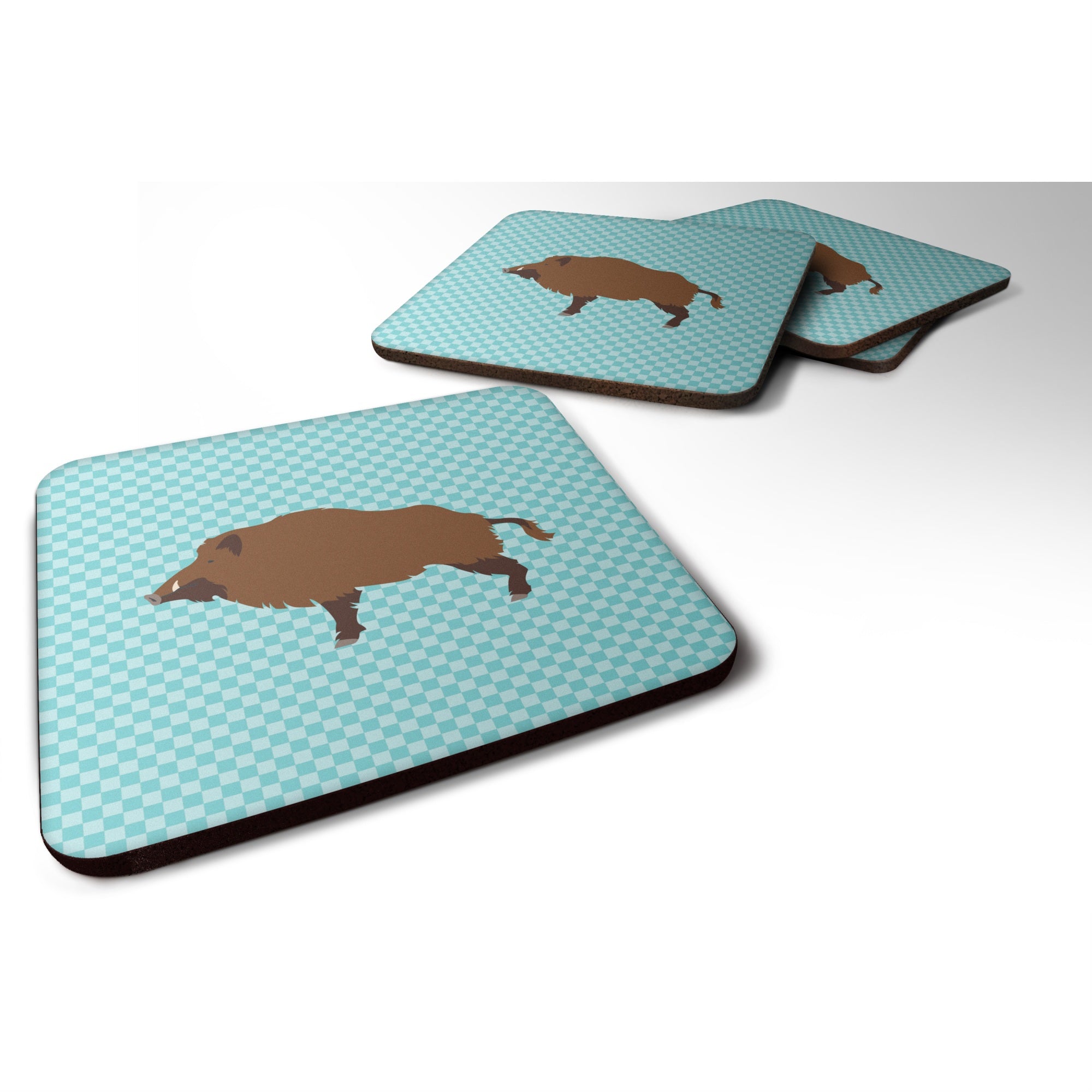 Caroline'S Treasures Wild Boar Pig Blue Check Decorative Coasters, 3.5, Multicolor