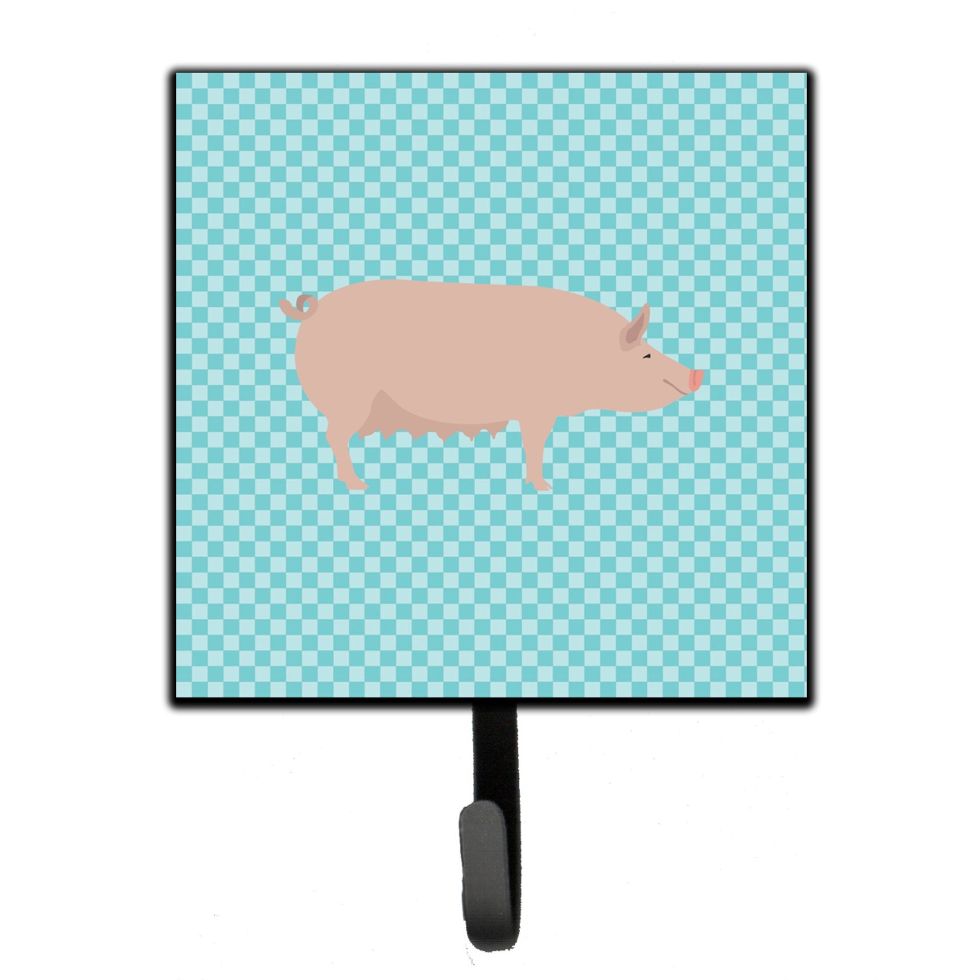 Caroline'S Treasures English Large White Pig Blue Check Wall Hook, Small, Multicolor