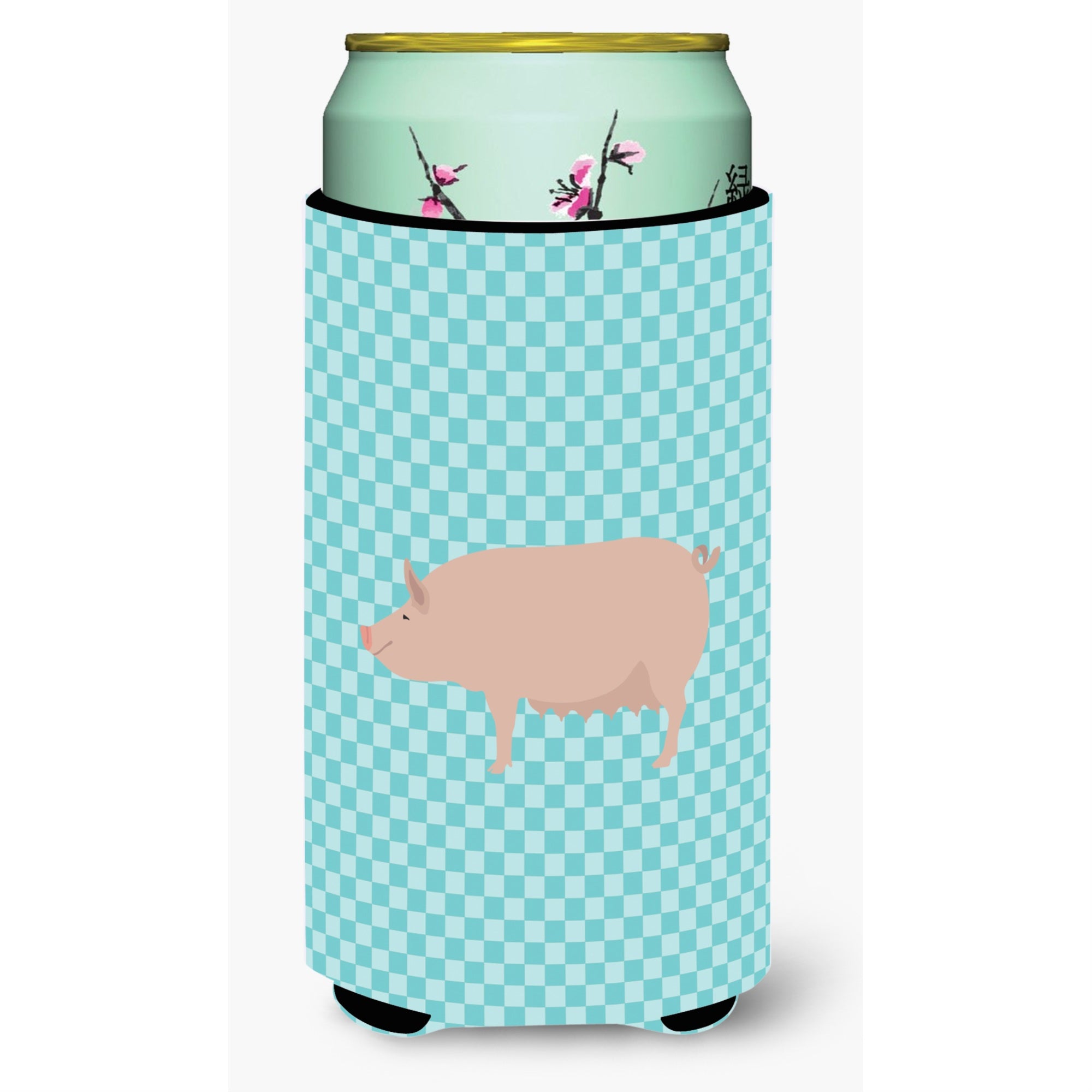 Caroline'S Treasures English Large White Pig Blue Check Decorative Can Hugger, Tall Boy, Multicolor