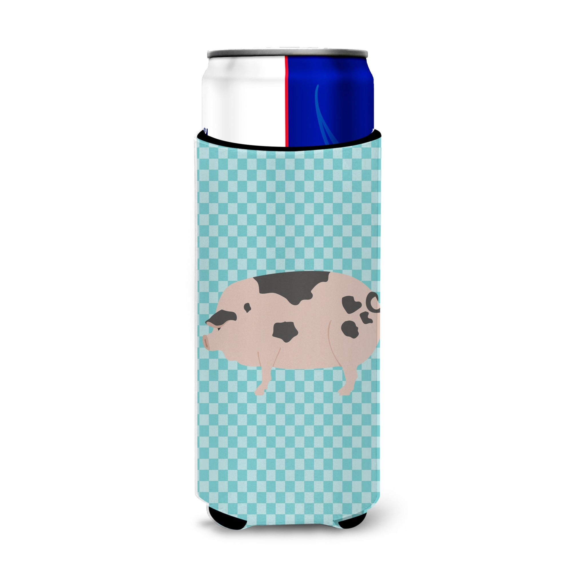 Caroline'S Treasures Gloucester Old Spot Pig Blue Check Decorative Can Hugger, Slim, Multicolor