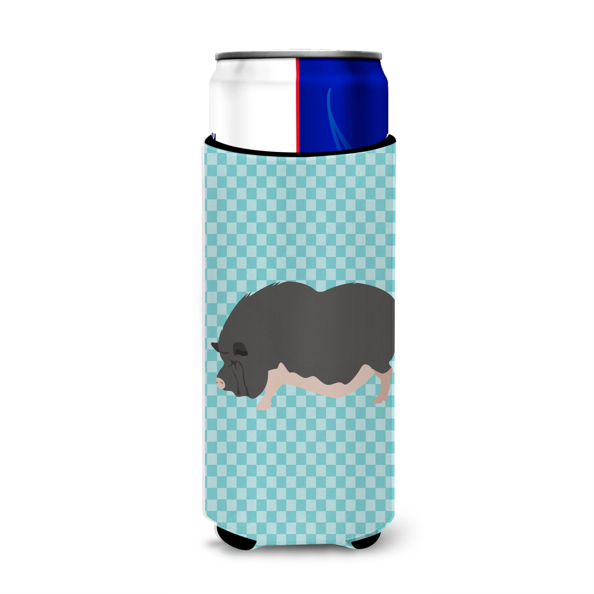 Caroline'S Treasures Vietnamese Pot-Bellied Pig Blue Check Decorative Can Hugger, Slim, Multicolor