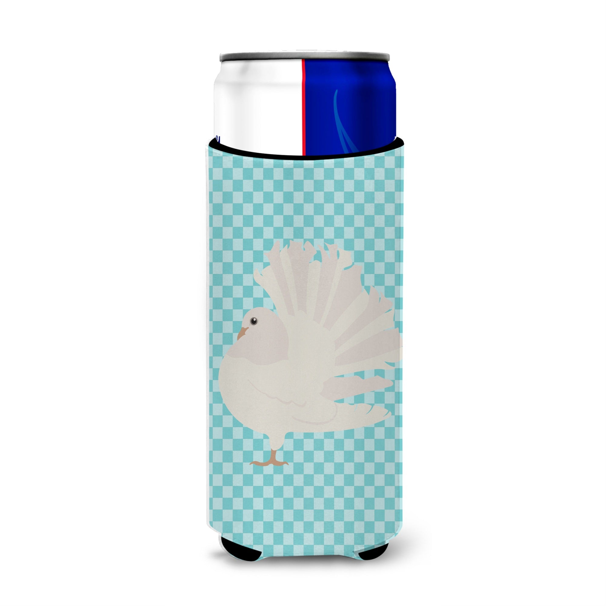 Caroline'S Treasures Silver Fantail Pigeon Blue Check Decorative Can Hugger, Slim, Multicolor