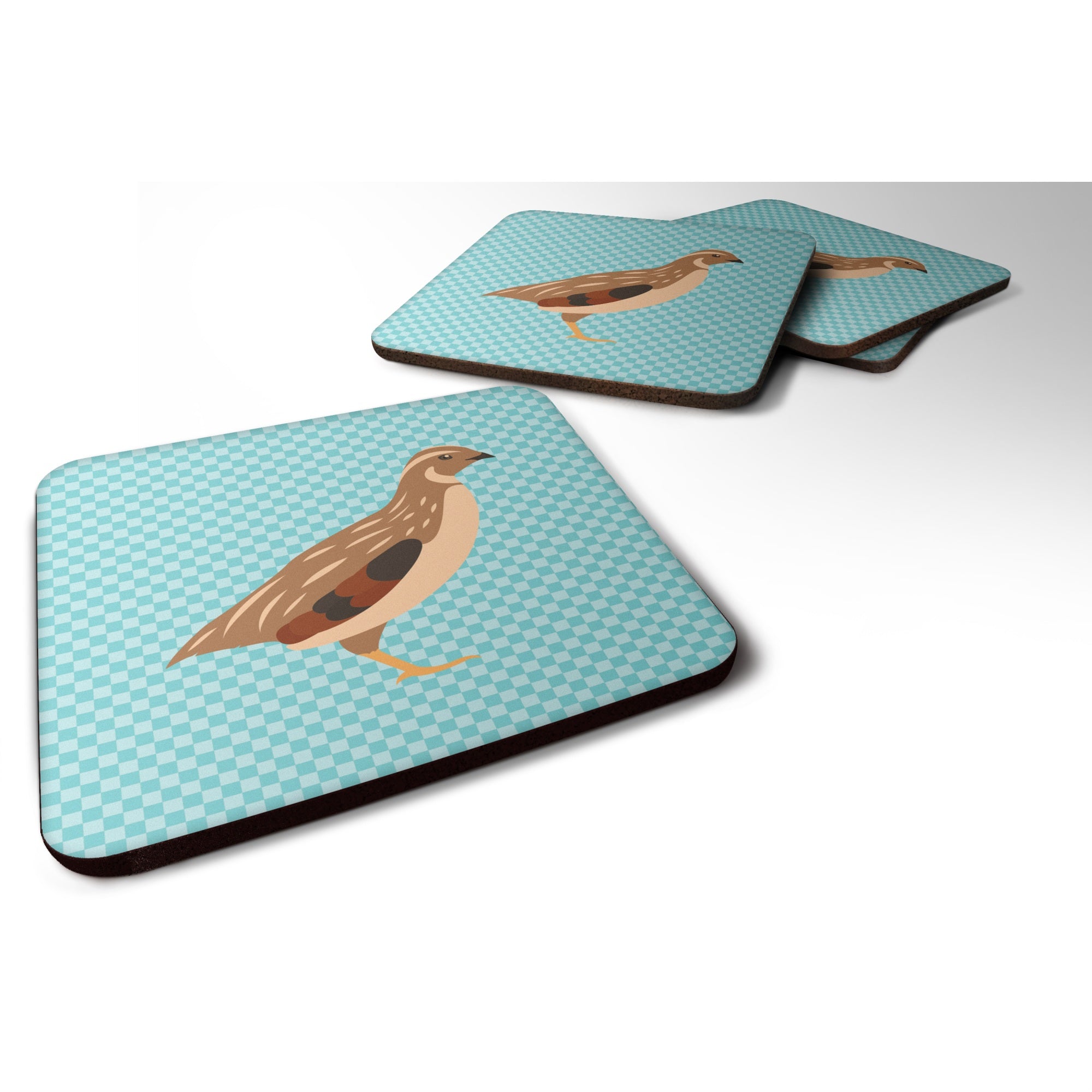Caroline'S Treasures Golden Phoenix Quail Blue Check Decorative Coasters, 3.5, Multicolor