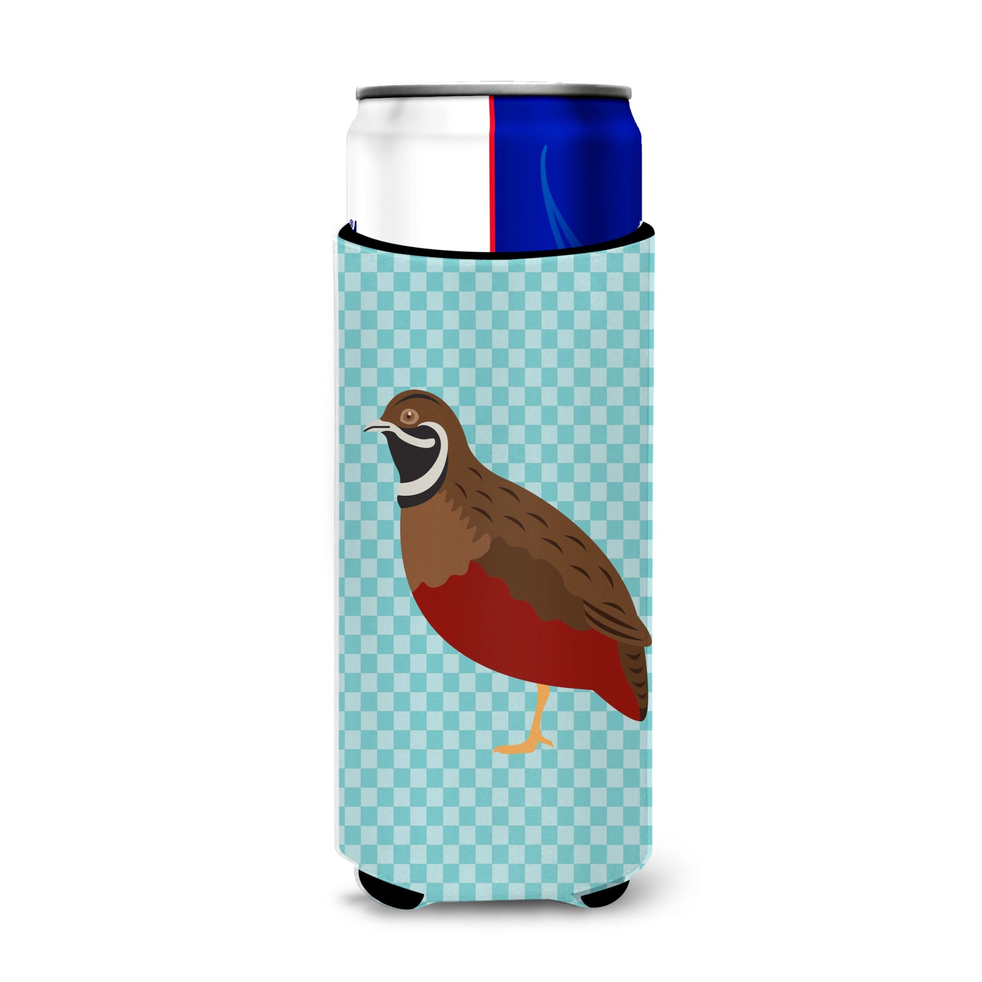 Caroline'S Treasures Chinese Painted Or King Quail Blue Check Decorative Can Hugger, Slim, Multicolor