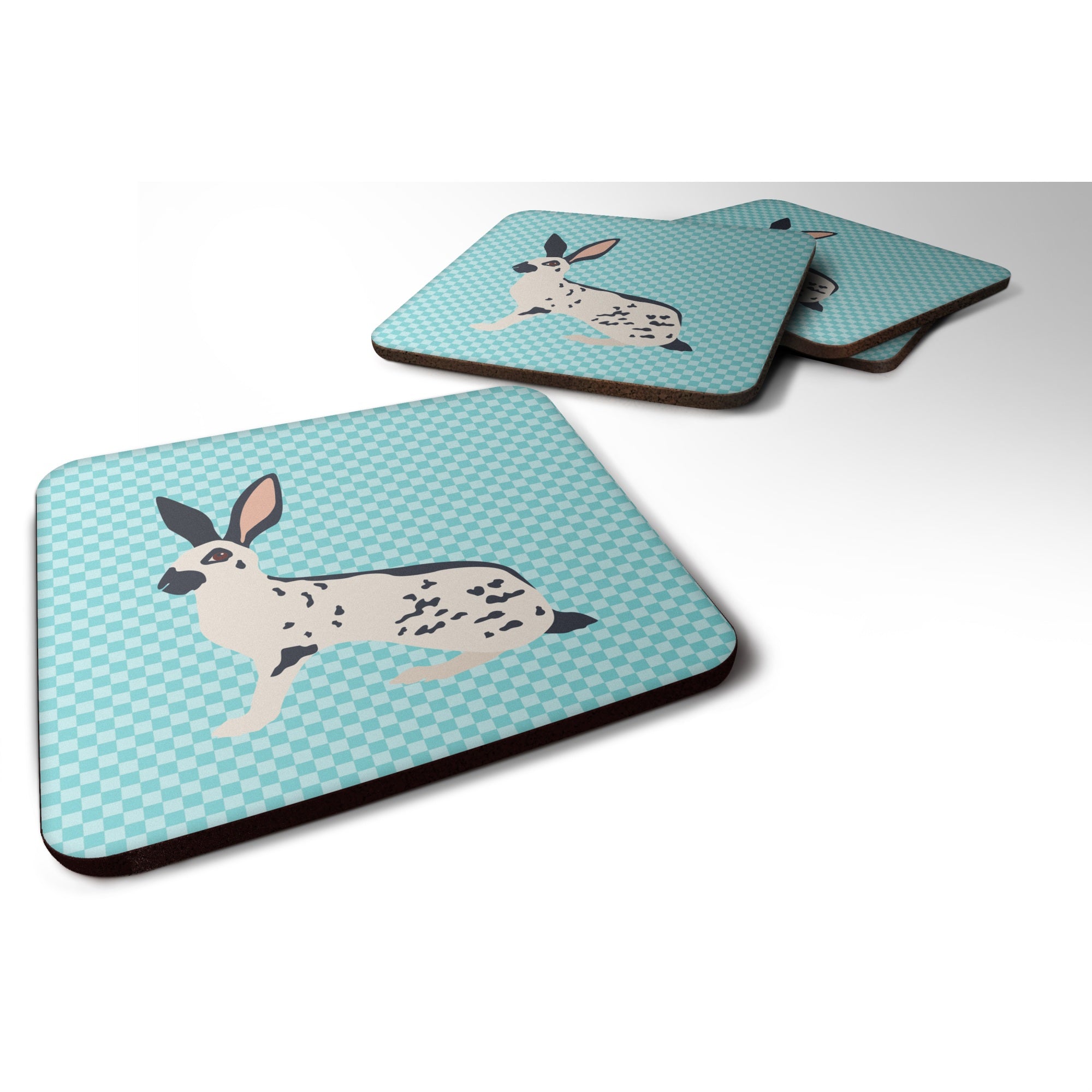 Caroline'S Treasures English Spot Rabbit Blue Check Decorative Coasters, 3.5, Multicolor