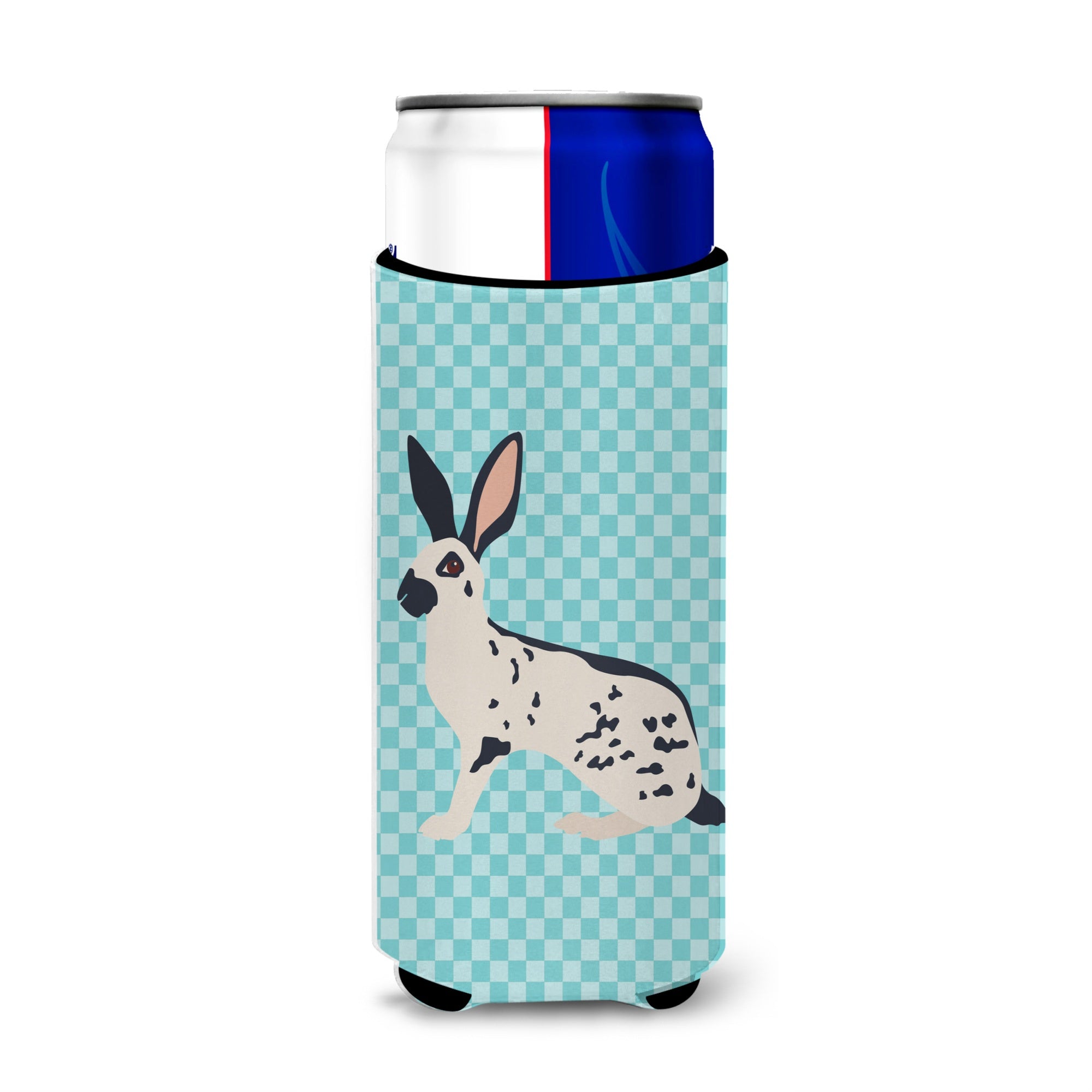 Caroline'S Treasures English Spot Rabbit Blue Check Decorative Can Hugger, Slim, Multicolor