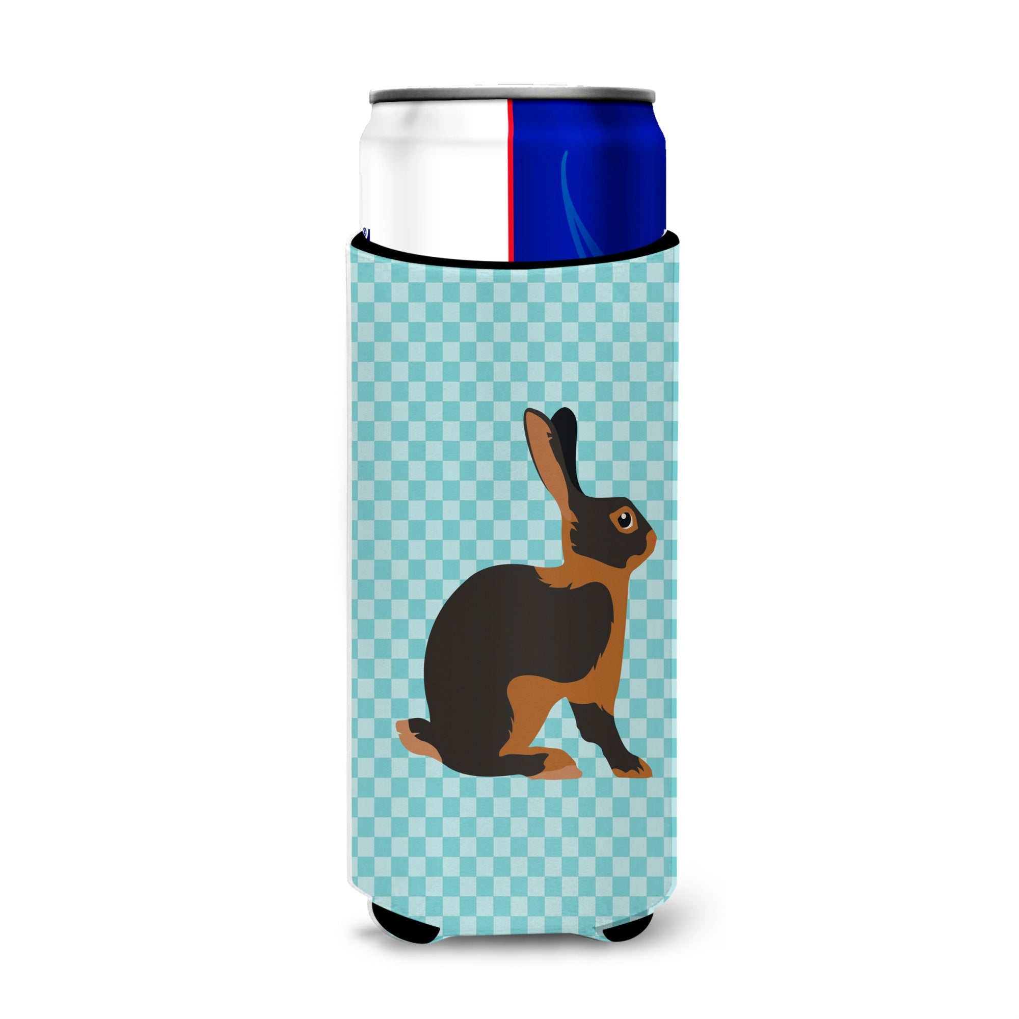 Caroline'S Treasures Tan Rabbit Blue Check Decorative Can Hugger, Slim, Multicolor