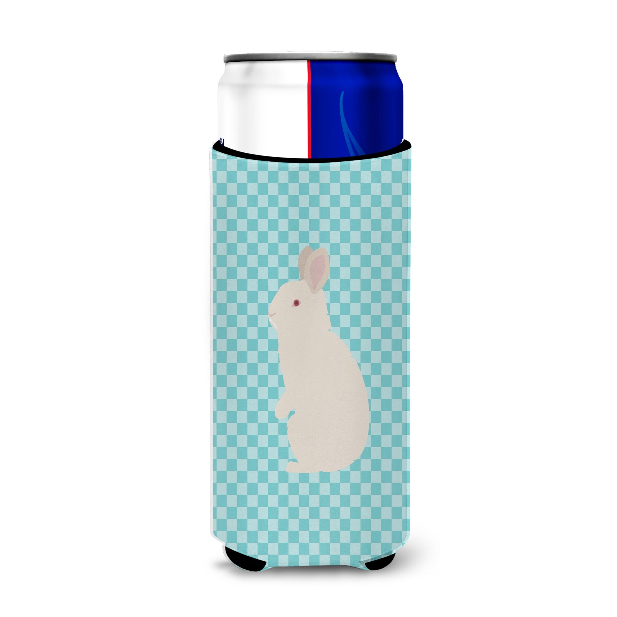 Caroline'S Treasures New Zealand White Rabbit Blue Check Decorative Can Hugger, Slim, Multicolor