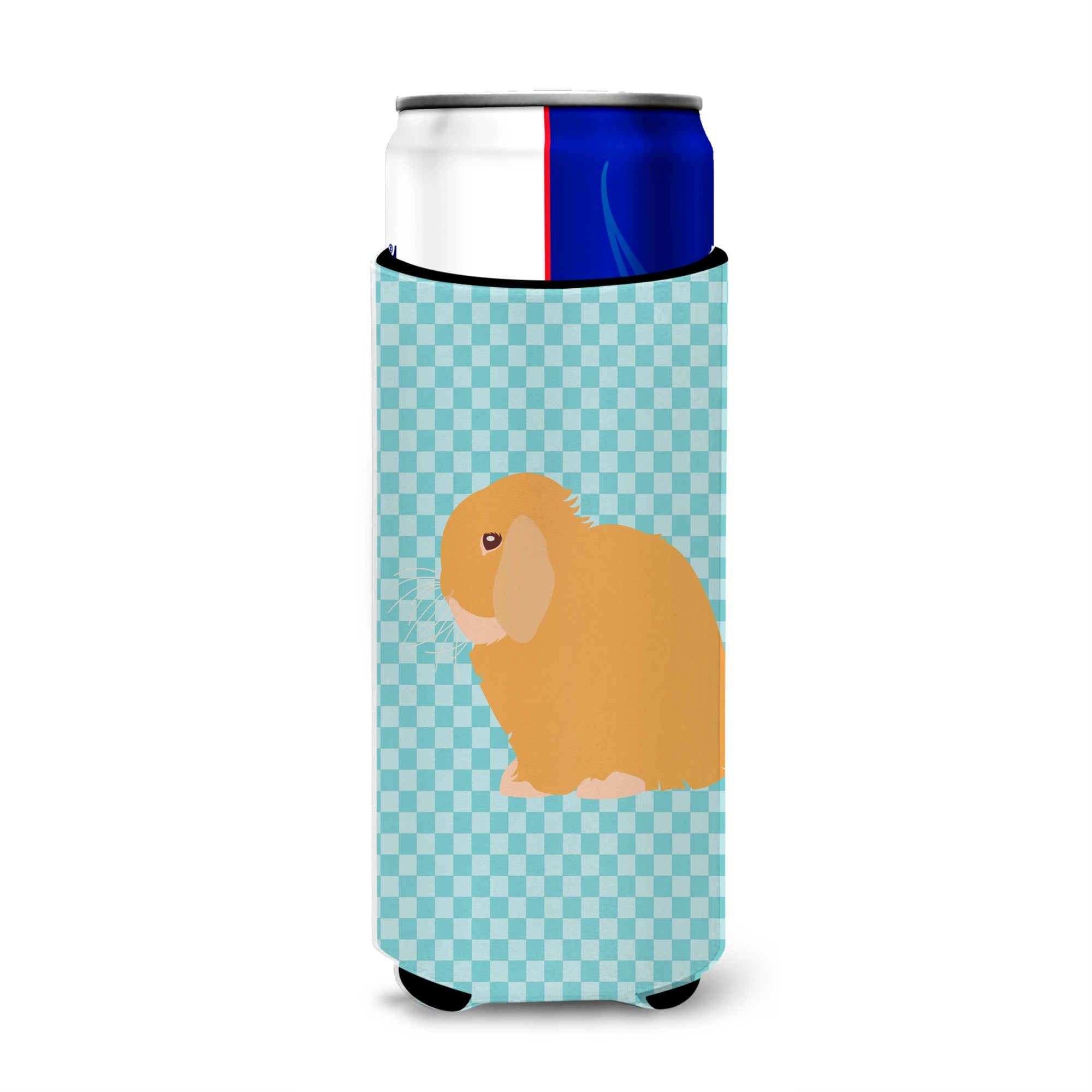 Caroline'S Treasures Holland Lop Rabbit Blue Check Decorative Can Hugger, Slim, Multicolor