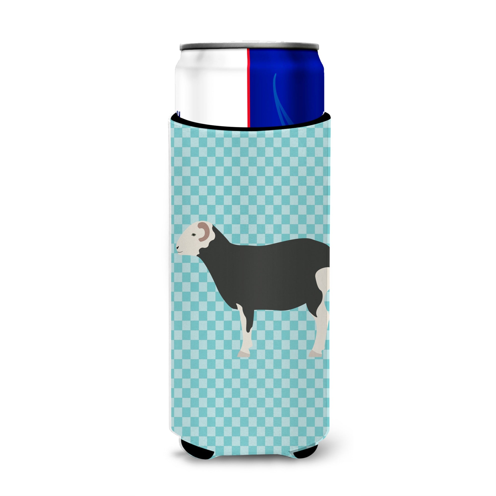 Caroline'S Treasures Herwick Sheep Blue Check Decorative Can Hugger, Slim, Multicolor
