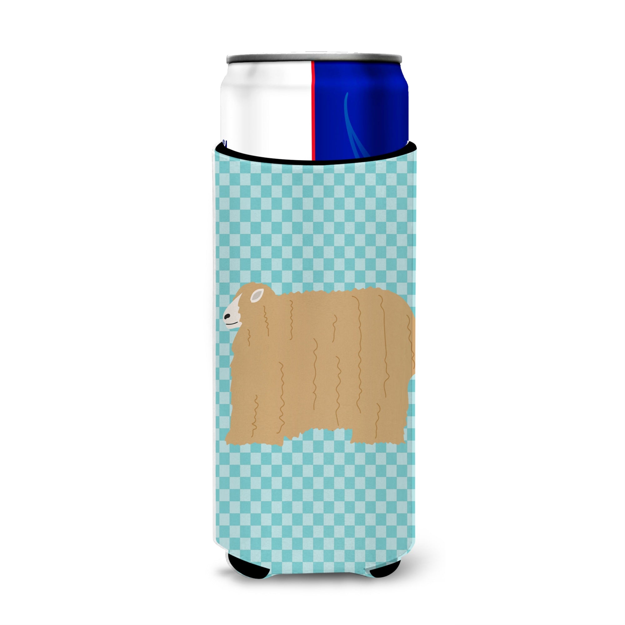 Caroline'S Treasures Lincoln Longwool Sheep Blue Check Decorative Can Hugger, Slim, Multicolor
