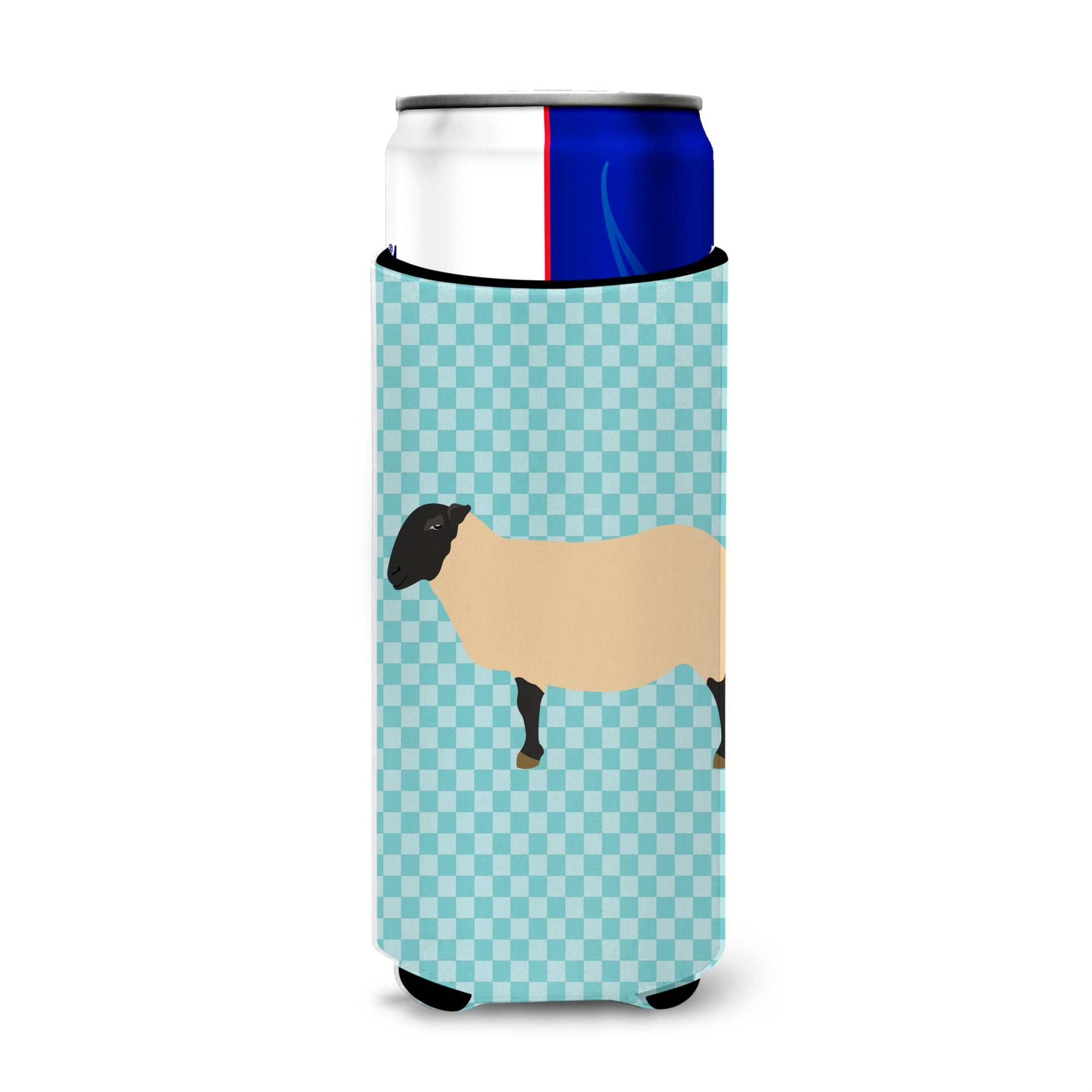 Caroline'S Treasures Suffolk Sheep Blue Check Decorative Can Hugger, Slim, Multicolor