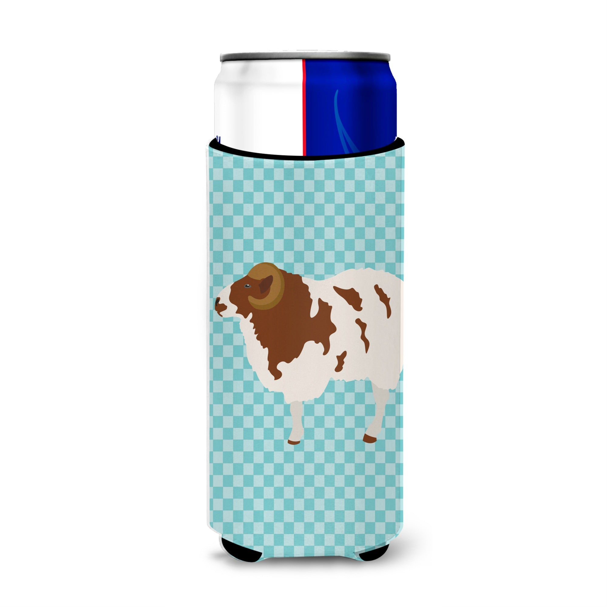 Caroline'S Treasures Jacob Sheep Blue Check Decorative Can Hugger, Slim, Multicolor