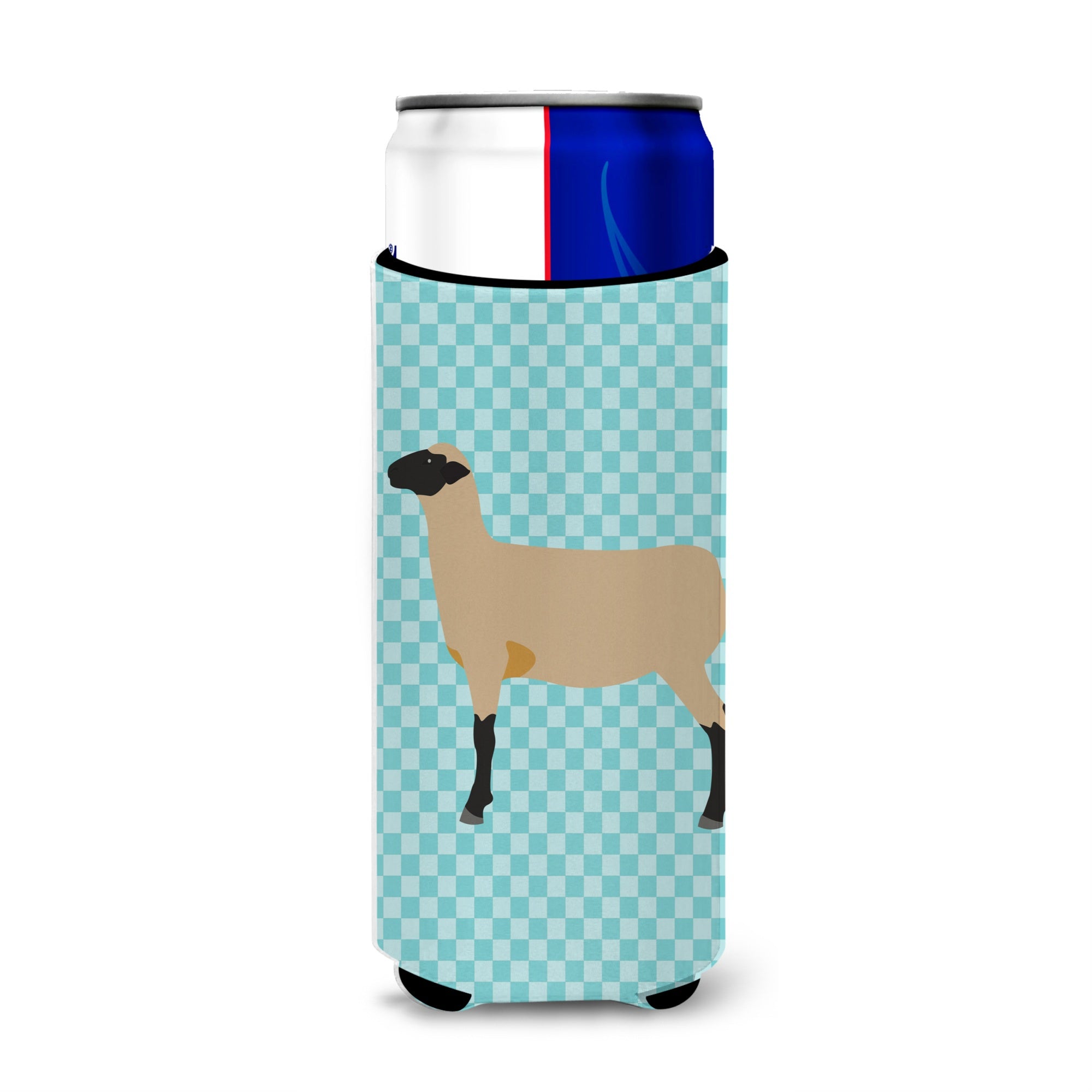 Caroline'S Treasures Hampshire Down Sheep Blue Check Decorative Can Hugger, Slim, Multicolor