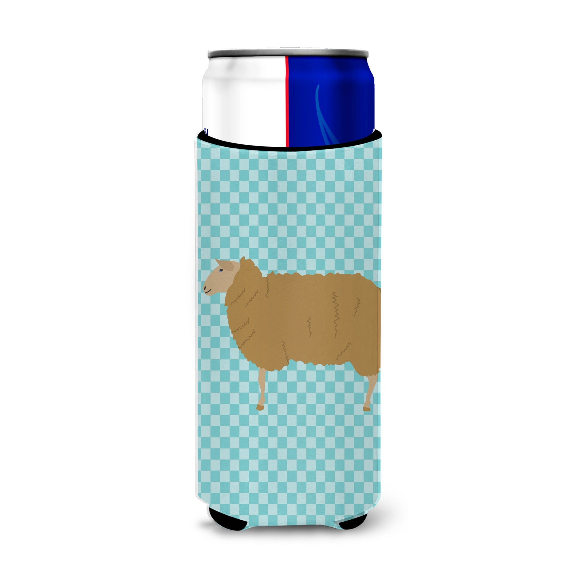 Caroline'S Treasures East Friesian Sheep Blue Check Decorative Can Hugger, Slim, Multicolor