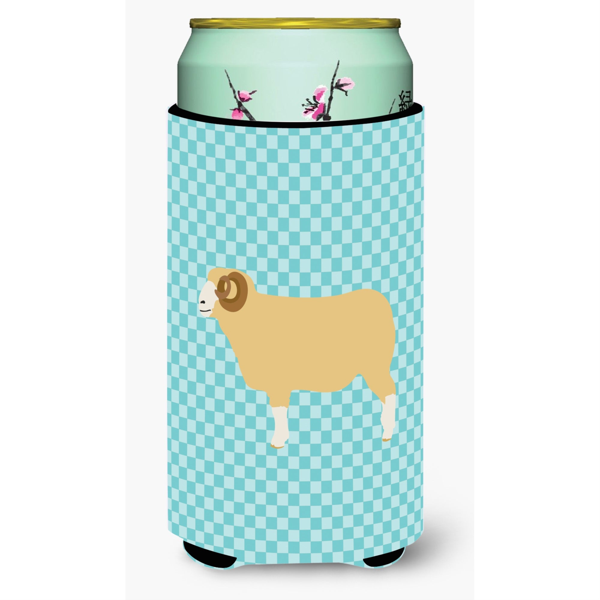 Caroline'S Treasures Horned Dorset Sheep Blue Check Decorative Can Hugger, Tall Boy, Multicolor