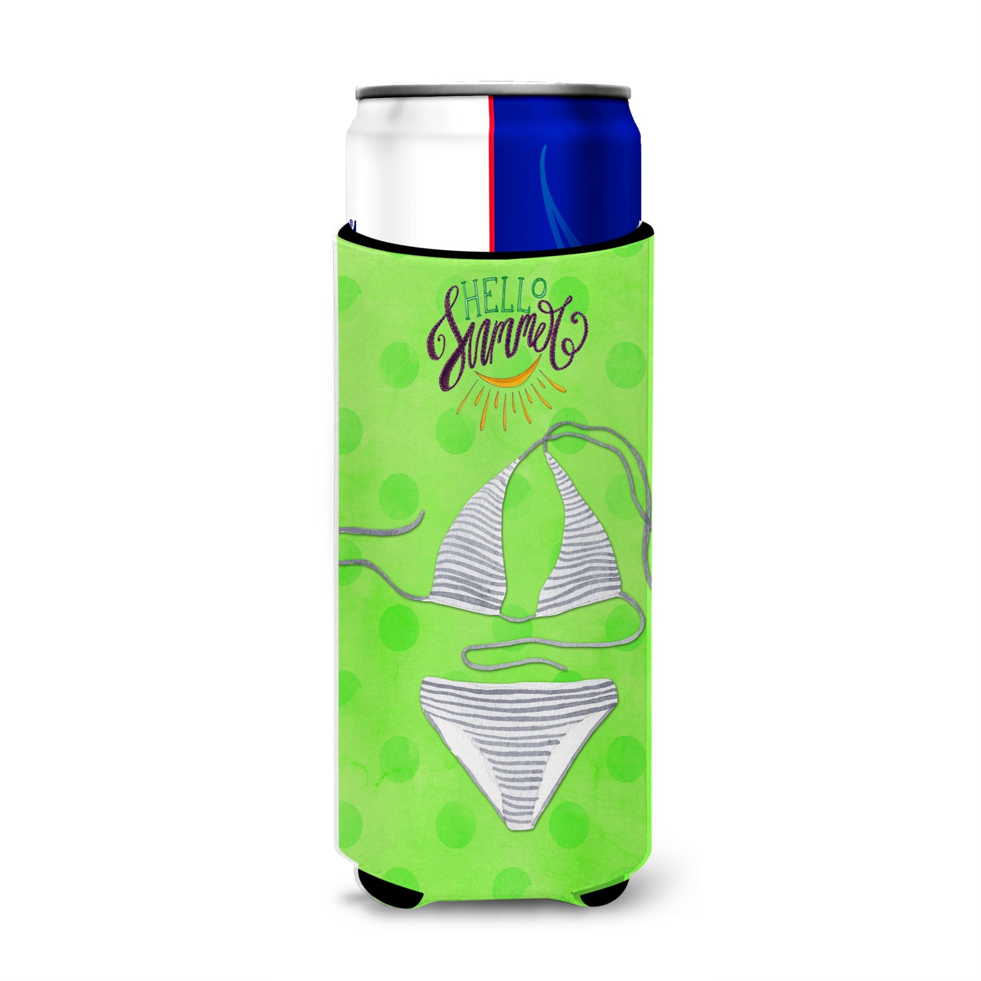 Caroline'S Treasures Bikini Swimsuit Green Polkadot Beverage Insulator Hugger, Slim, Multicolor