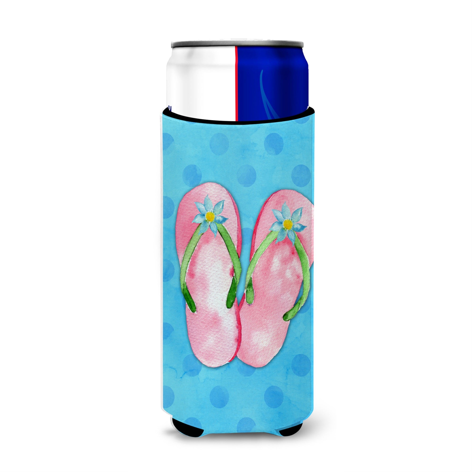 Caroline'S Treasures Pink Flip Flops Blue Polkadot Beverage Insulator Hugger, Slim, Multicolor