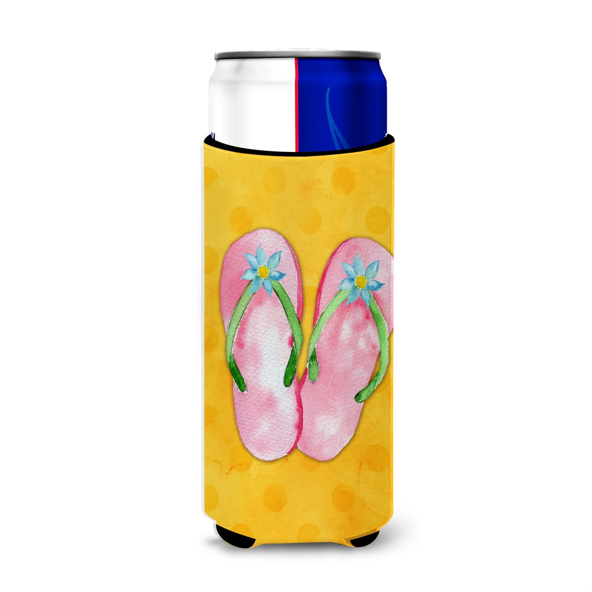Caroline'S Treasures Pink Flip Flops Yellow Polkadot Beverage Insulator Hugger, Slim, Multicolor