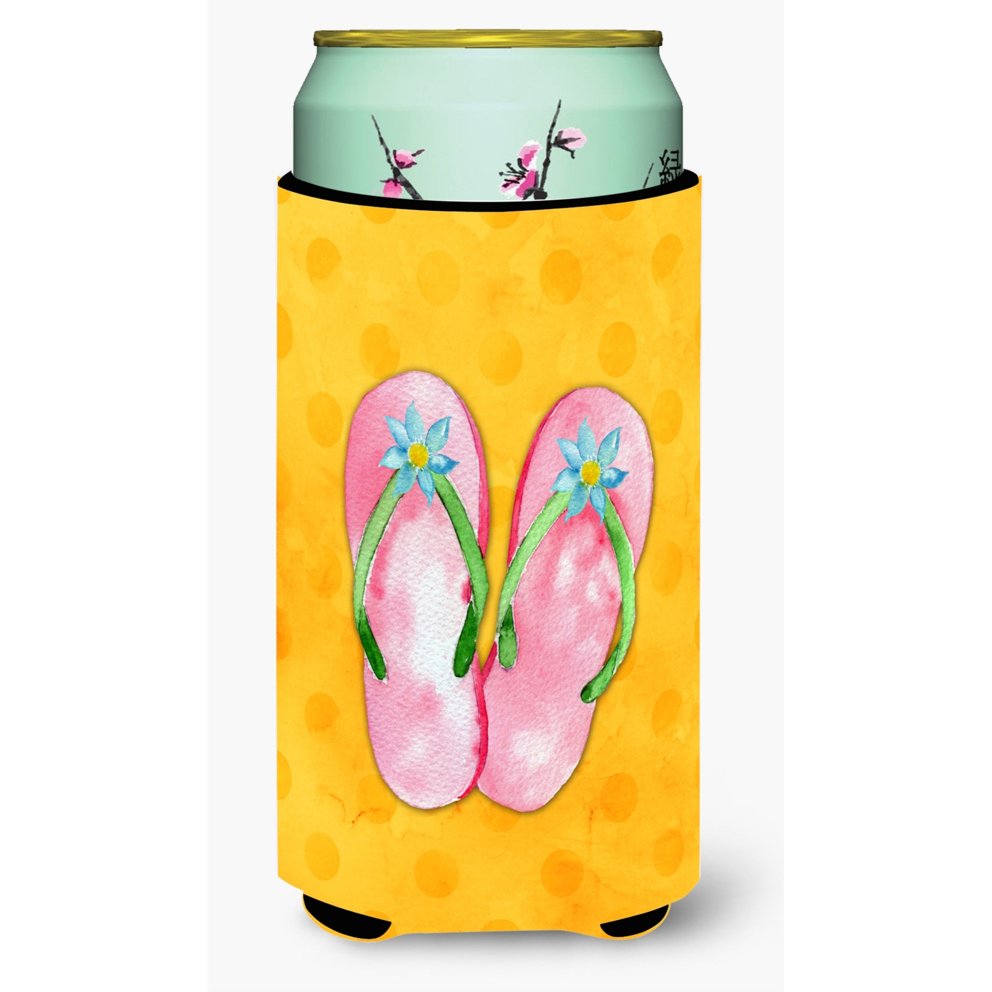 Caroline'S Treasures Pink Flip Flops Yellow Polkadot Beverage Insulator Hugger, Tall, Multicolor