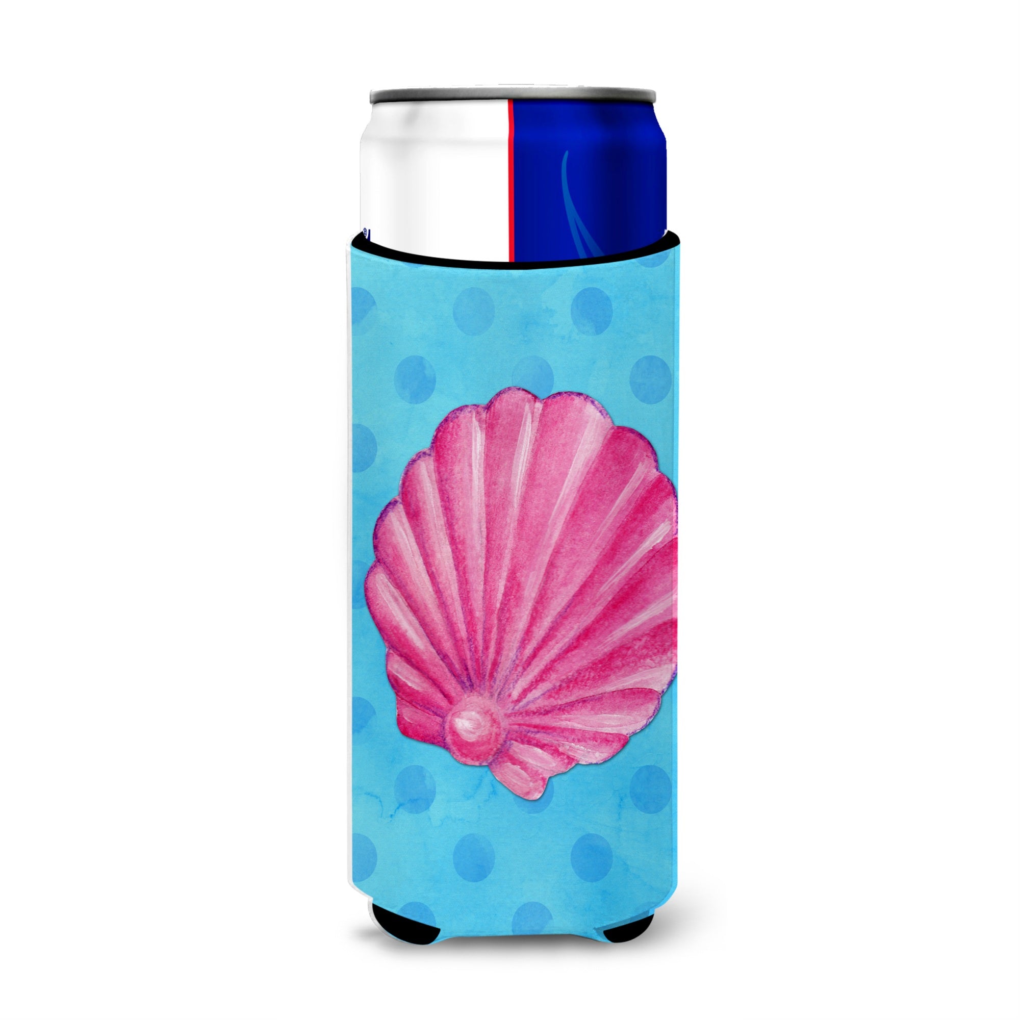 Caroline'S Treasures Pink Sea Shell Blue Polkadot Beverage Insulator Hugger, Slim, Multicolor