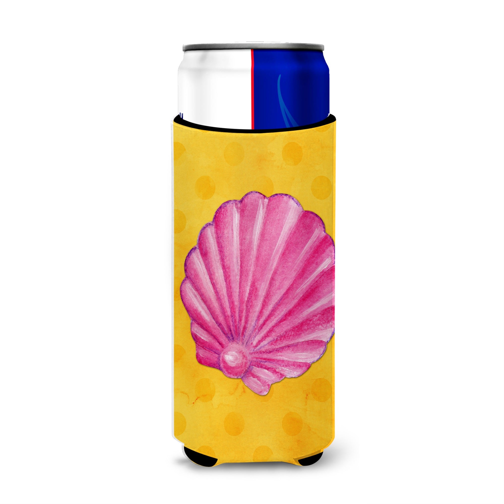 Caroline'S Treasures Pink Sea Shell Yellow Polkadot Beverage Insulator Hugger, Slim, Multicolor