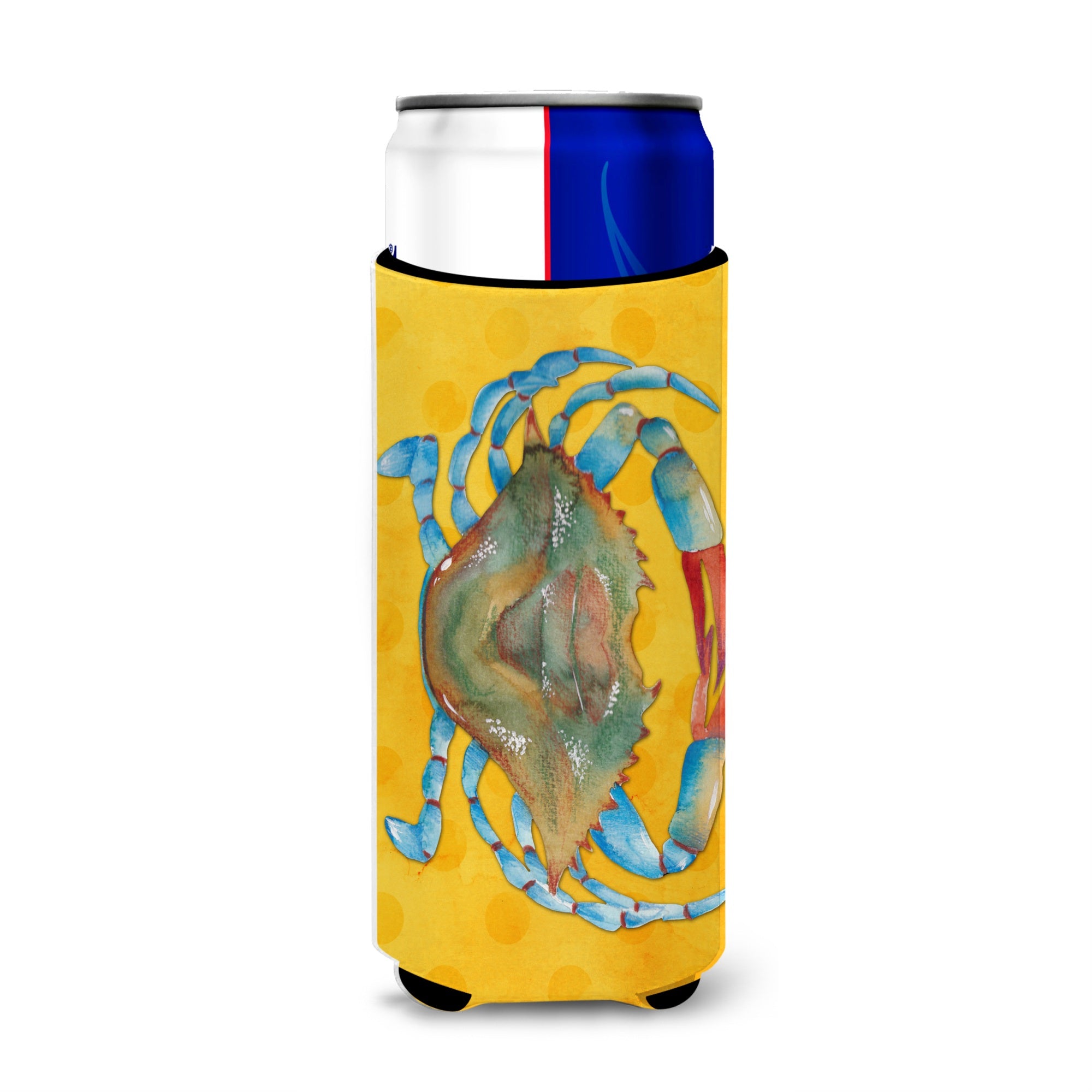 Caroline'S Treasures Blue Crab Yellow Polkadot Beverage Insulator Hugger, Slim, Multicolor