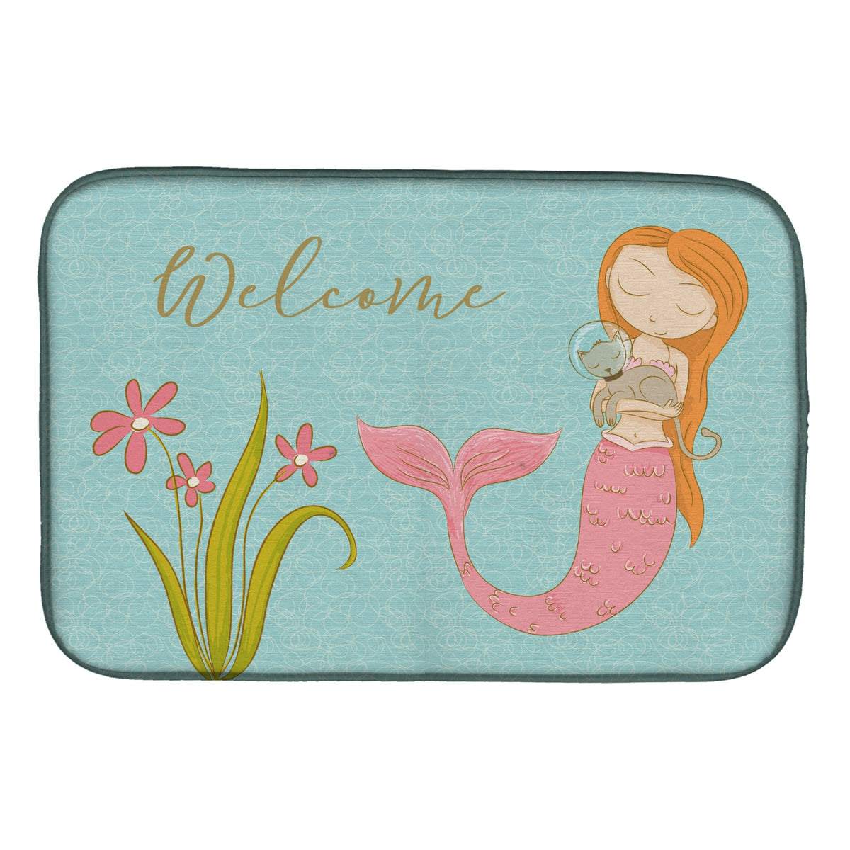 Caroline'S Treasures Mermaid With Cat Welcome Dish Drying Mat, 14 X 21, Multicolor
