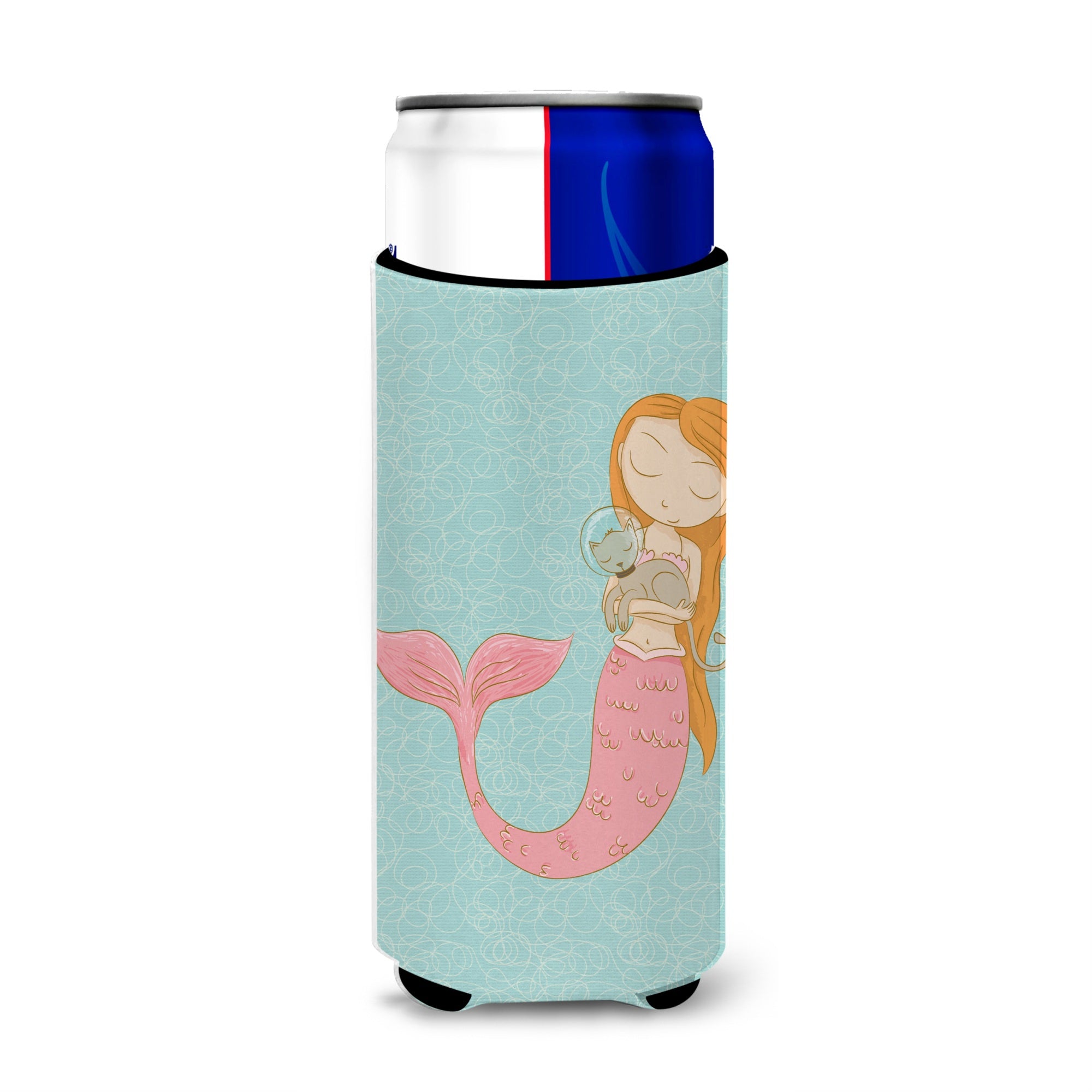 Caroline'S Treasures Mermaid With Cat Decorative Can Hugger, Slim, Multicolor