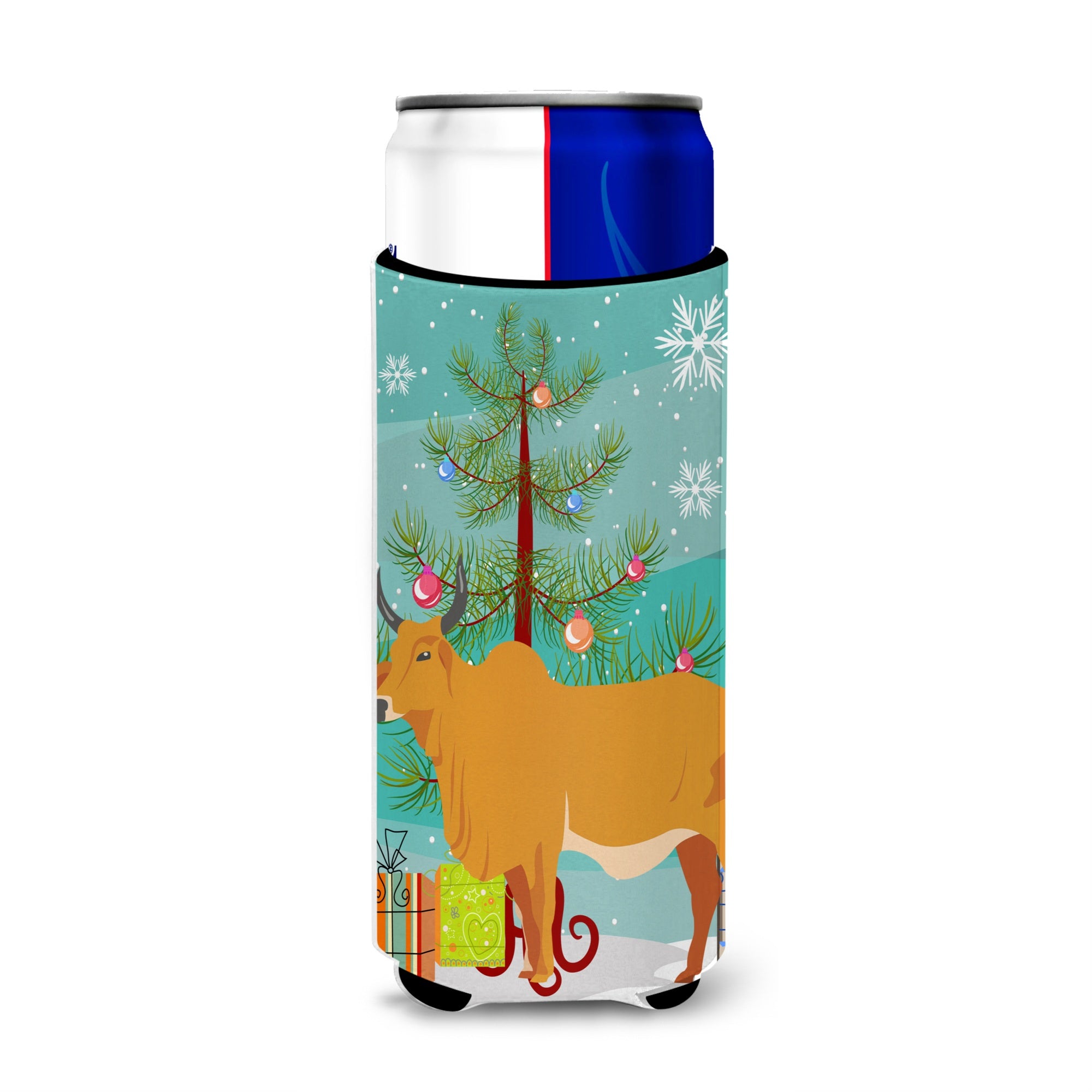 Caroline'S Treasures Zebu Indicine Cow Christmas Decorative Can Hugger, Slim, Multicolor