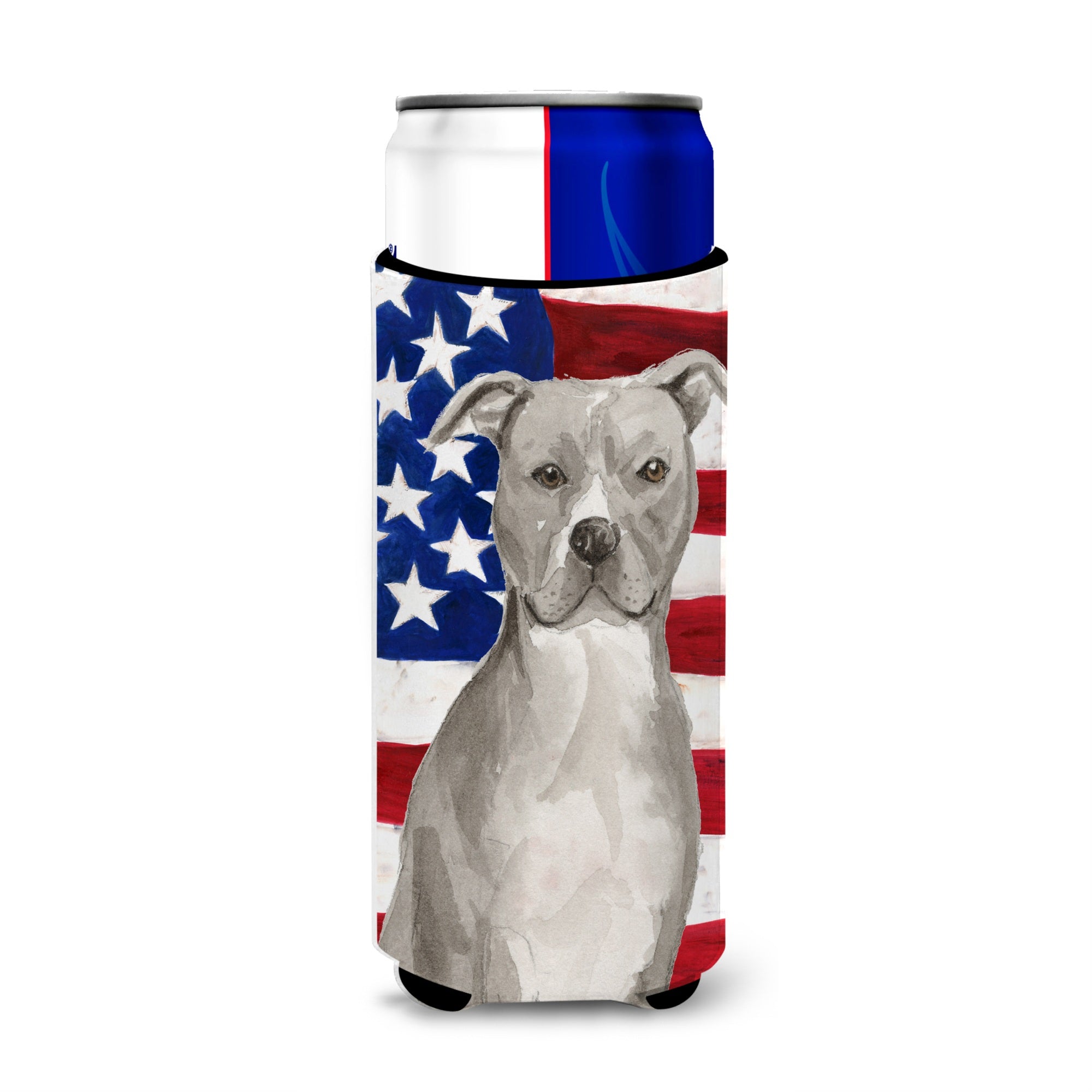 Caroline'S Treasures Staffordshire Bull Terrier Patriotic Decorative Can Hugger, Slim, Multicolor