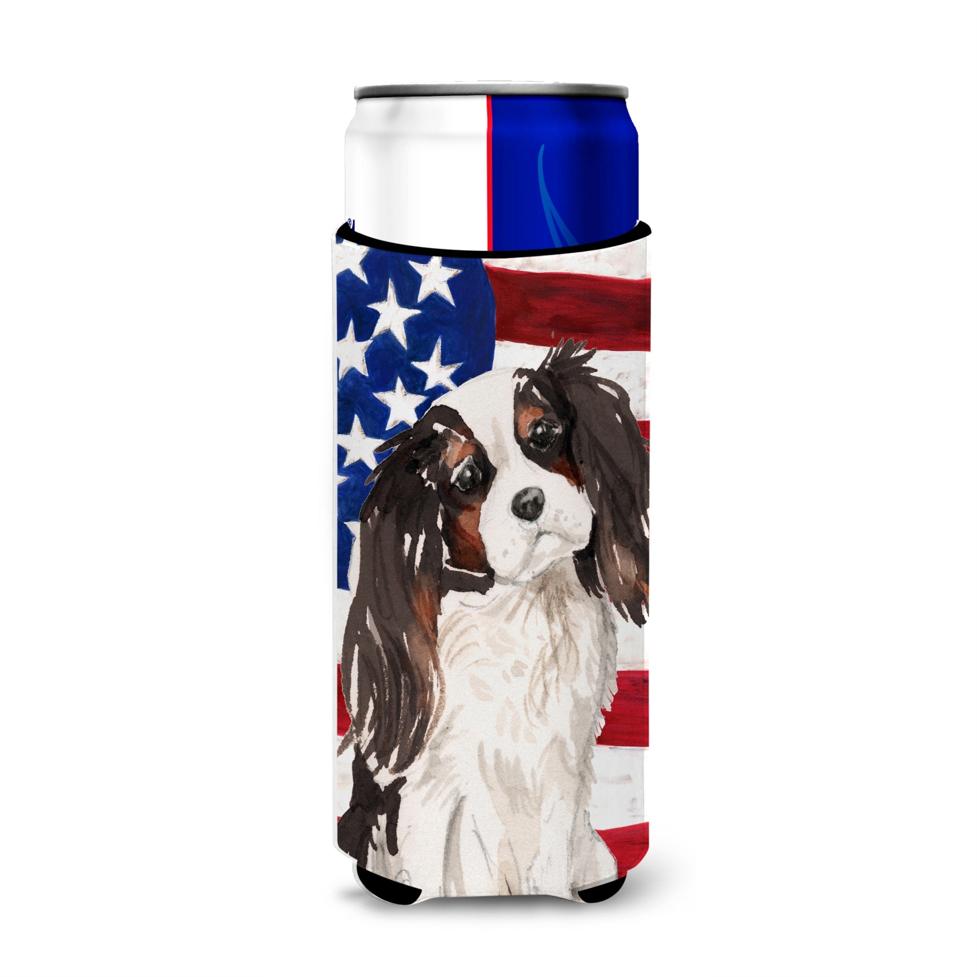 Caroline'S Treasures Tricolor Cavalier Spaniel Patriotic Decorative Can Hugger, Slim, Multicolor