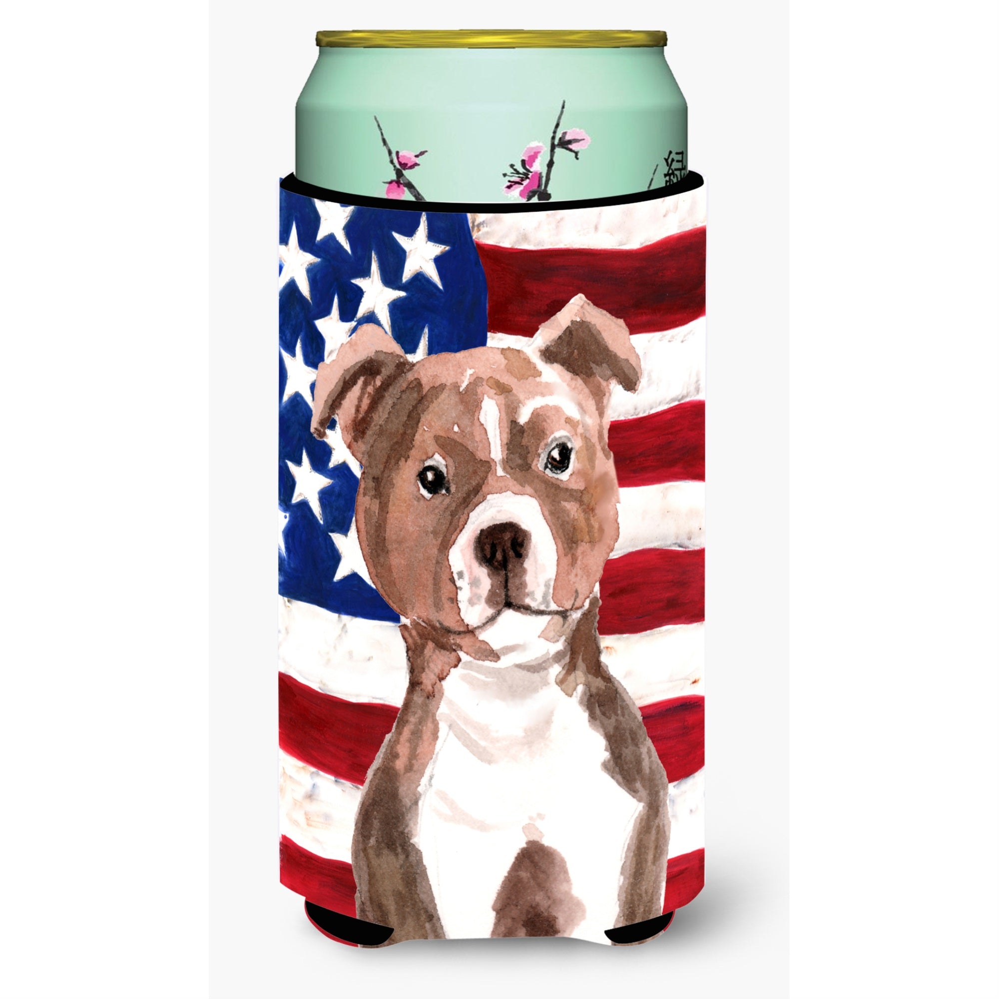 Caroline'S Treasures Red Staffie Bull Terrier Patriotic Decorative Can Hugger, Tall, Multicolor