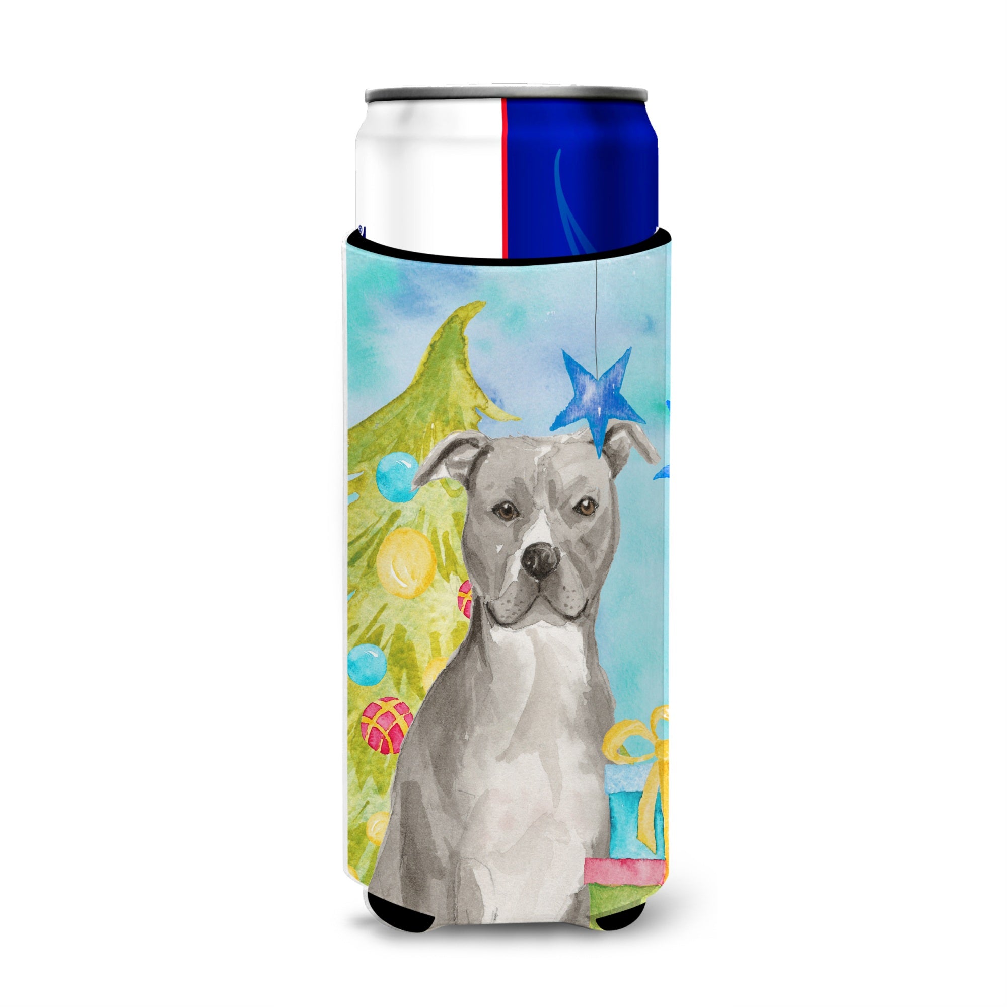 Caroline'S Treasures Staffordshire Bull Terrier Christmas Decorative Can Hugger, Slim, Multicolor